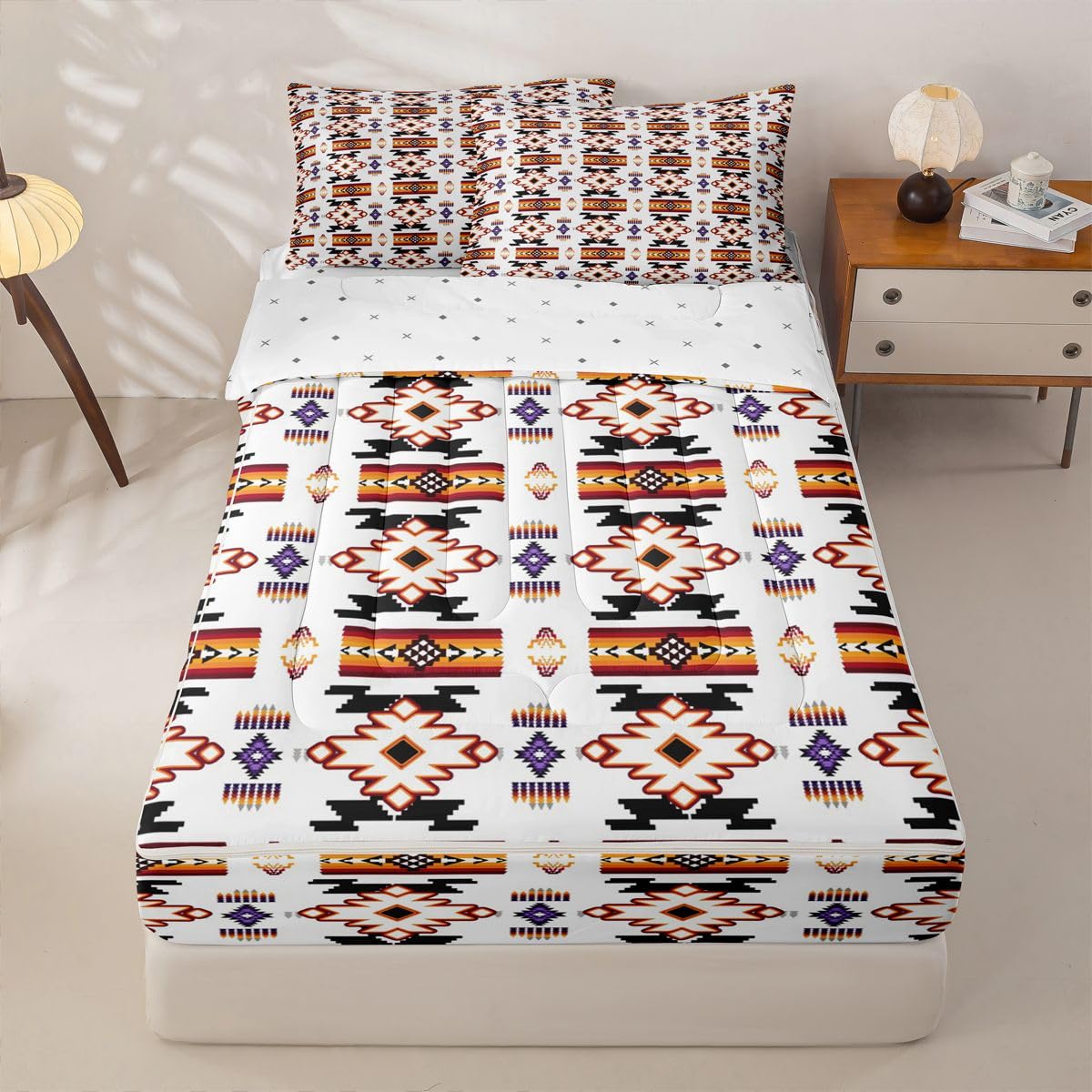 Erosebridal Western Aztec Zipper Bedding Queen Vintage Geometric Zip Up Bedding Set for Boys and Kids, Boho Western Bed in a Bag Native American Rustic Farmhouse Comforter Set with Sheets White