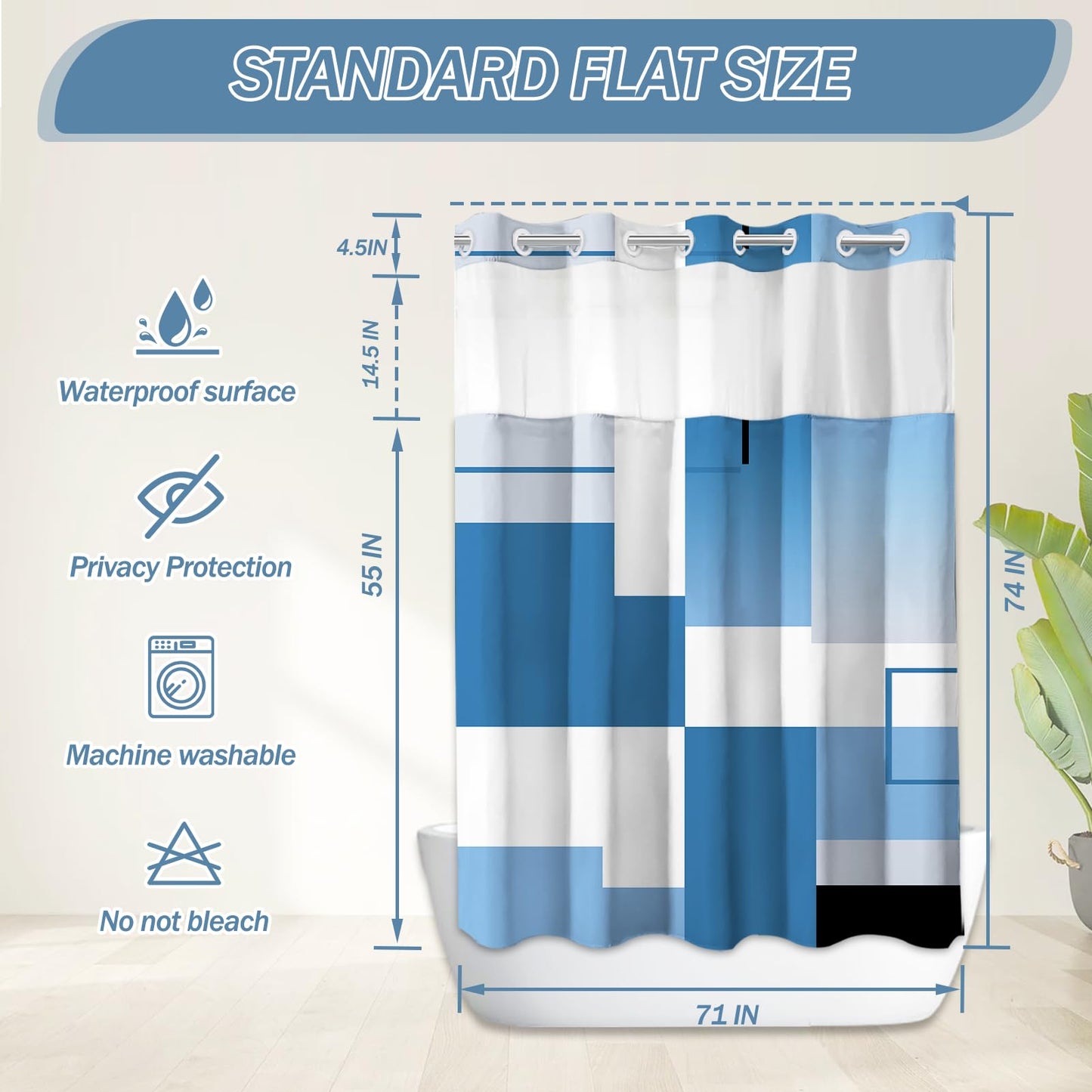 Blue Hookless Shower Curtain Set with Snap in Liner, Blue White Bathroom Decor, 71x74 Inches, Geometric Bathroom Curtain with Liner and See Through Top Window
