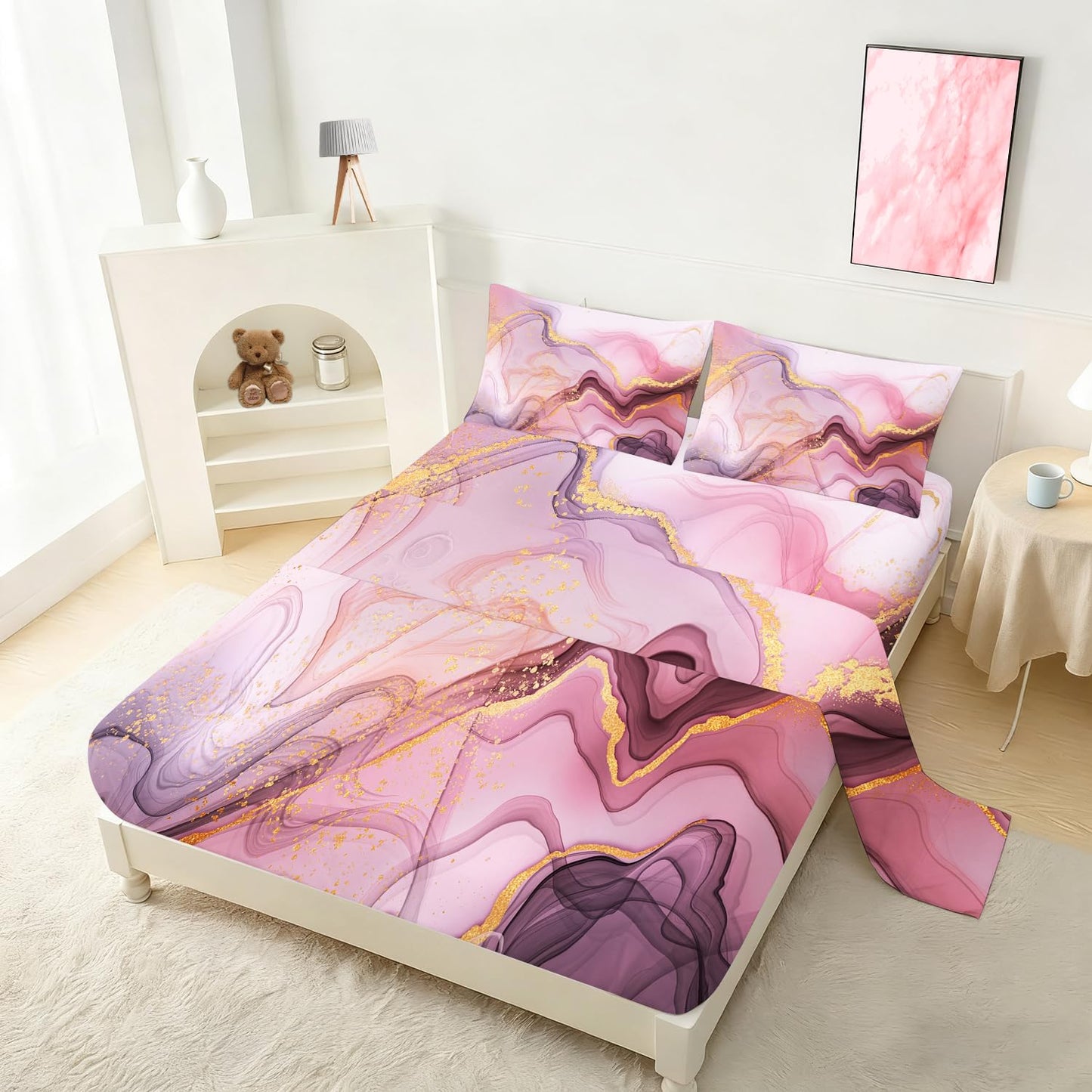 VTKON Pink Marble Sheets Set Twin for Girls Pink and Gold Marble Bedding Set Kids Aesthetic Bed Set with 1 Fitted Sheet 1 Flat Sheet and 1 Pillowcase