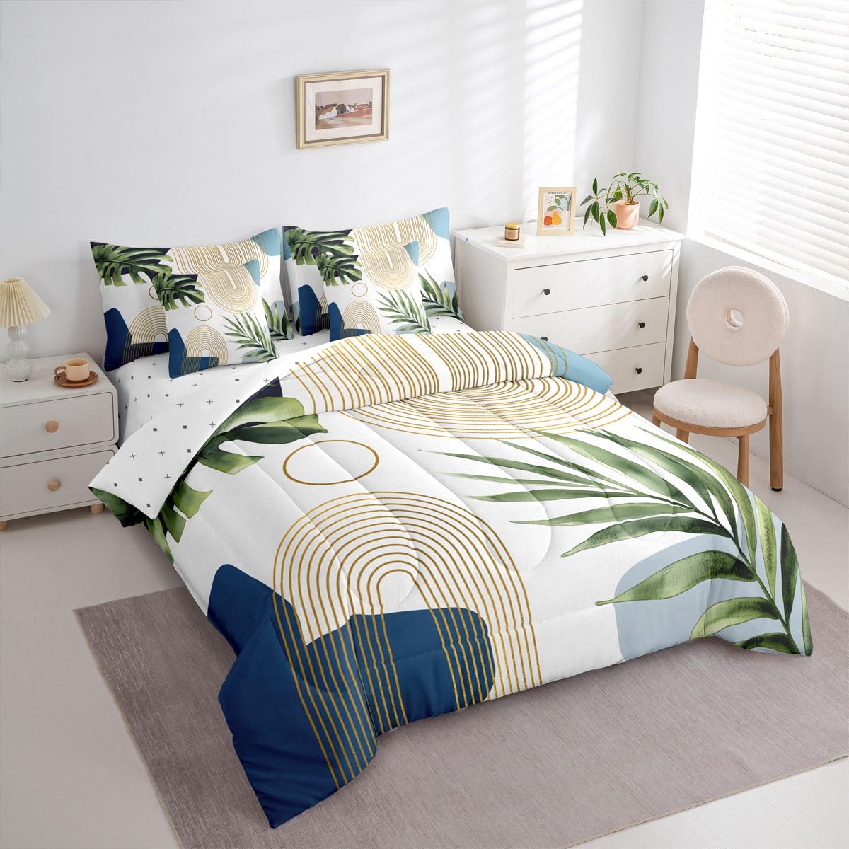 Erosebridal Boho Blue Green Full 7 Pcs Bedding Set, Mid Century Abstract Comforter Set with Sheets, Bohemian Tropical Palm Leaf Botanical Bed Sets, Modern Minimalist Geometric Aesthetic Bed in A Bag