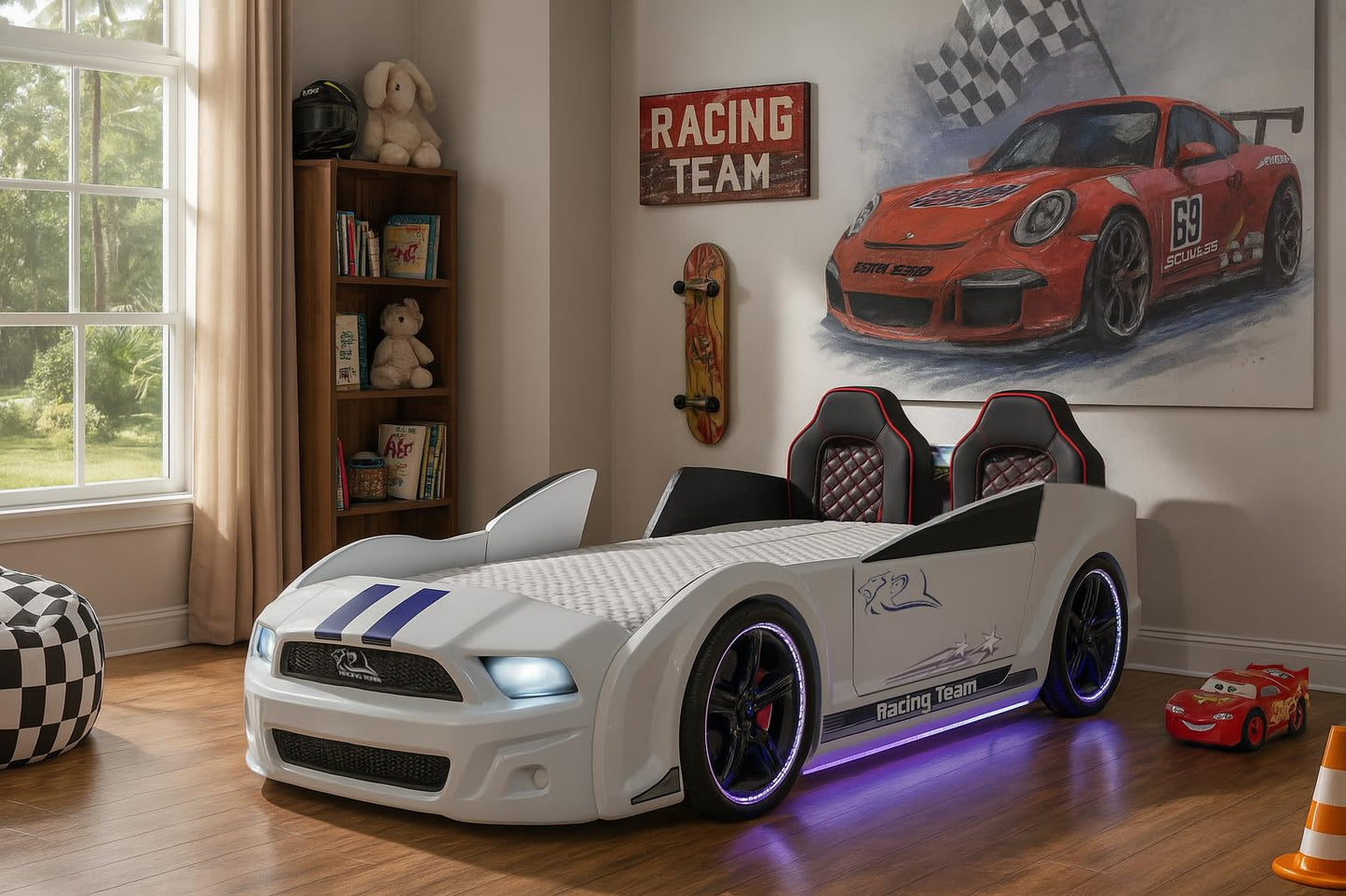 Luxury Race Car Bed for Kids – LED Lights, Sports Car Design, Sound Effects, Twin, Ergonomic & Comfortable Sleeping Experience (White)