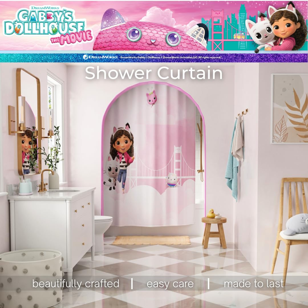 Gabby's Dollhouse The Movie 13-Piece Shower Curtain Set, 72 x 72 Inch Fabric Curtain with Hooks, Bathroom Decor, Machine Washable, (100% Officially Licensed Product) by Franco Collectibles
