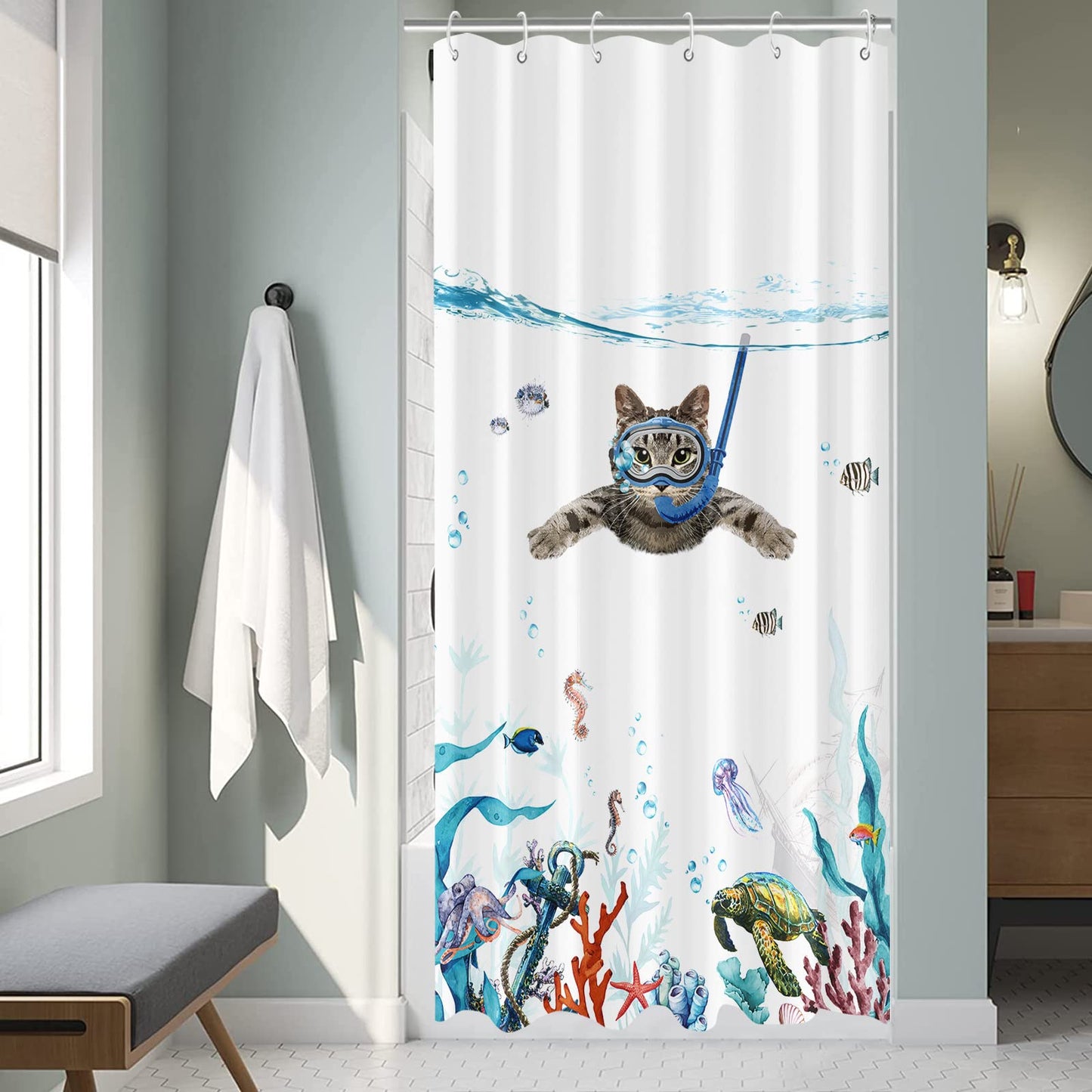 Fowocu Funny Cat Stall Shower Curtain Set Teal Blue Sea Ocean Waterproof Fabric Shower Curtains with Animal Octopus Starfish Turtle Anchor Fish Nautical Bathroom Curtain Decor (Blue, 36''×72'')