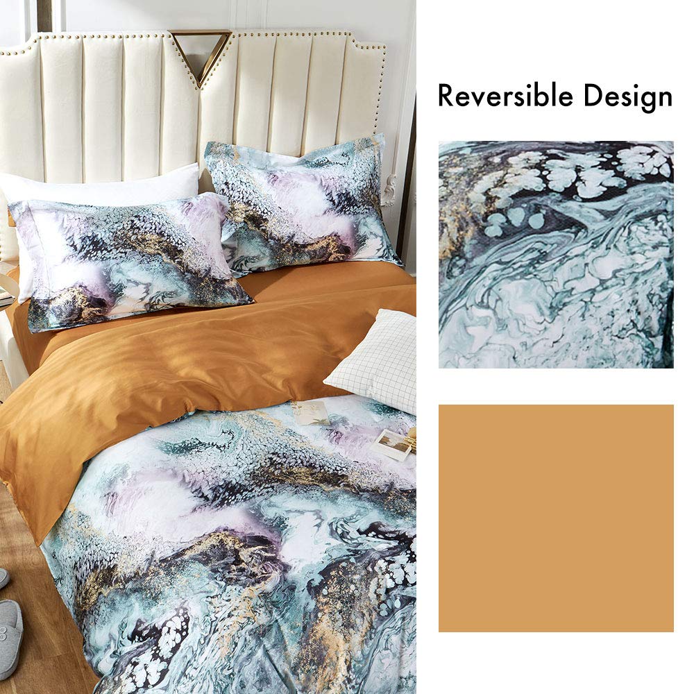 MILDLY 100% Long Staple Cotton Duvet Cover Set Green Golden Grey Mixed Marbling Pattern Printed Comforter Cover Set