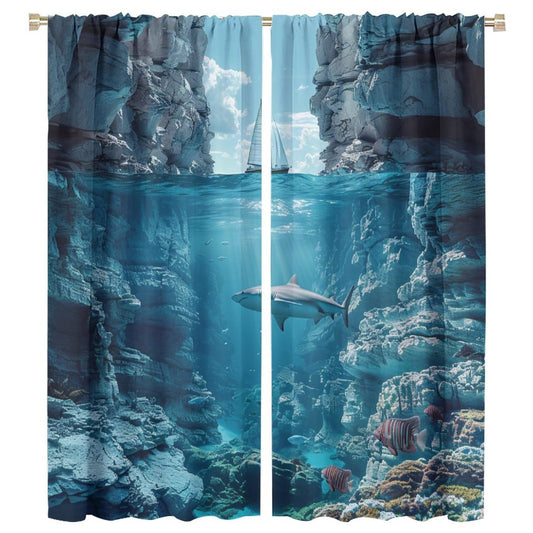 TOWINSFB Nautical Sailboat Shark Blackout Curtains for Living Room Bedroom, Ocean Rock Coral Fish Scenery Window Curtains Rod Pocket Thermal Insulated Window Drapes, 2 Panels, Each 21W x 45L