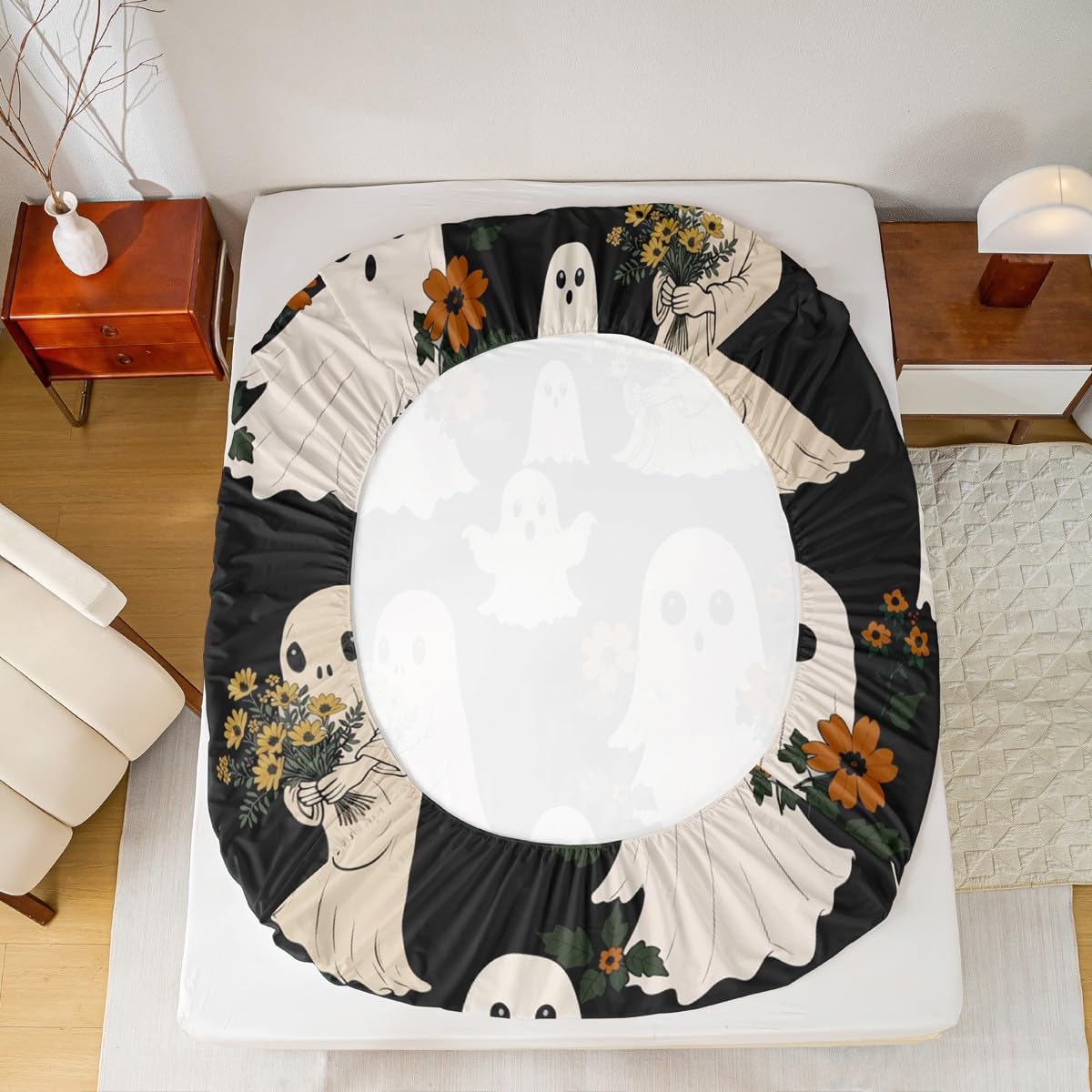 Cute Ghost Fitted Sheet Queen Size,Cartoon Halloween Ghost Bedding Sets 3Pcs for Kids Girls Boys Adult Room Decor,Hippie Daisy Flower Bed Sheet Funny Black Deep Pocket Sheet,2 Pillowcases