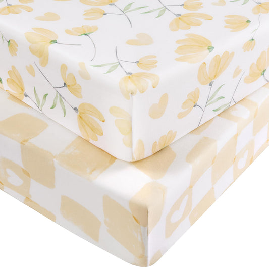 Nyessmee Pack and Play Sheets for Boys Girls, 38" x 26" Mini Crib Sheets Fitted for Pack n Play Mattress, Soft Breathable Playard Sheets, 2-Pack Yellow Flowers