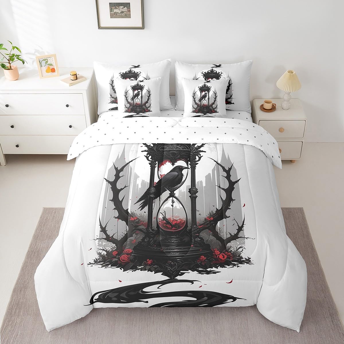 7 Pieces Twin Size Gothic Crow Comforter Set,Red Roses Flowers Hourglass Halloween Bedding Set for Boys Girls,Bird Animal Rustic (Comforter+Fitted+Flat Sheet+2 Pillowcases+2 Throw Pillow Covers)