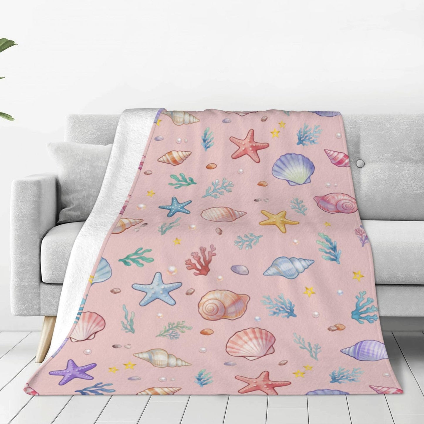 Summer Shell Starfish Beach Throw Blanket 50"x40" Cozy Fluffy Plush Seashell Blankets Soft Pink Ocean Blanket for Girls Women Gift Sofa Bed Couch
