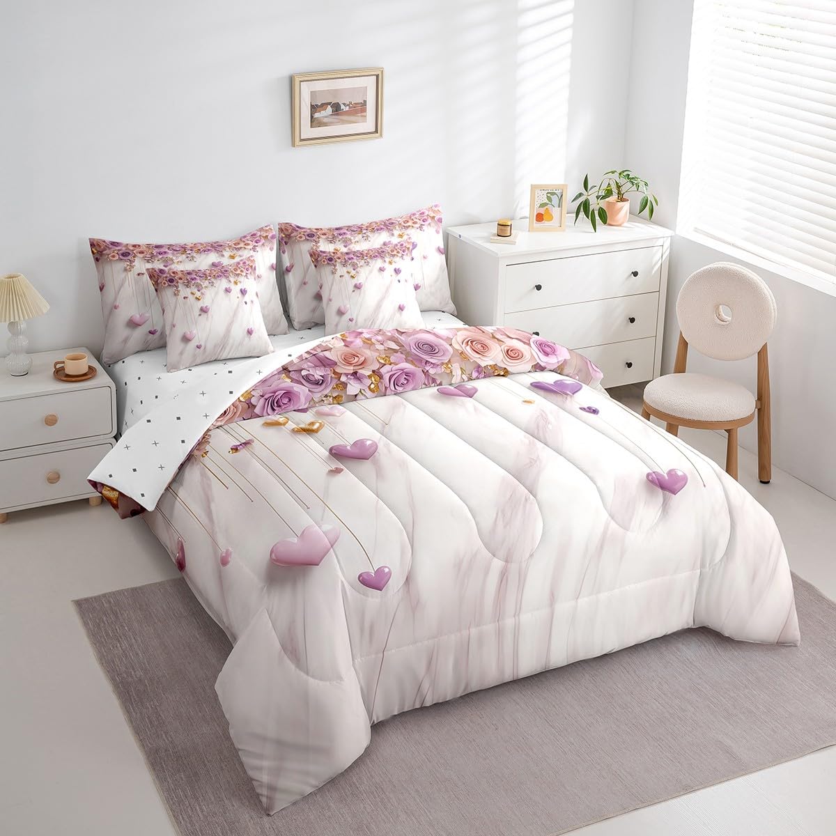 Erosebridal Valentines Day Queen Bed in a Bag 7 Piece - Romantic Purple Pink Rose Floral Comforter Set with Sheets for Kids Adults Couple Bedroom Decor Love Bedding Sets with Fitted + Flat Sheet