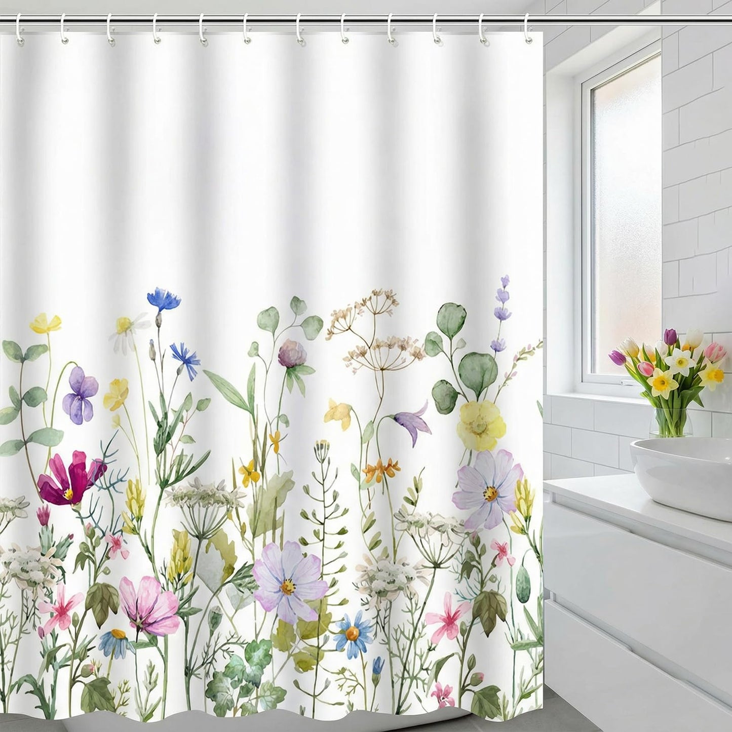 ZCHOMI Floral Shower Curtain Pretty Wildflower Plant Botanical Garden Bathroom Curtains Waterproof Polyester Fabric Bath Curtain 72 x 72 Inch with 12 Hooks