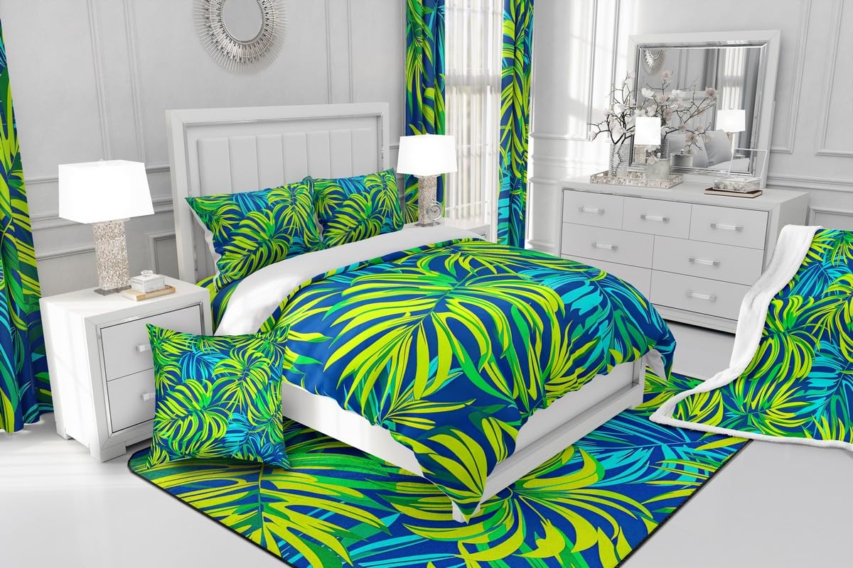 Palm Leaf Duvet Cover,Tropical Plant Comforter Cover for Kids Botany Themed Print Bed Collection,Exotic Palm Tree Natural Botanical Summer Ocean Beach Sea Hawaiian Decor Bedding Set,King,Green Blue