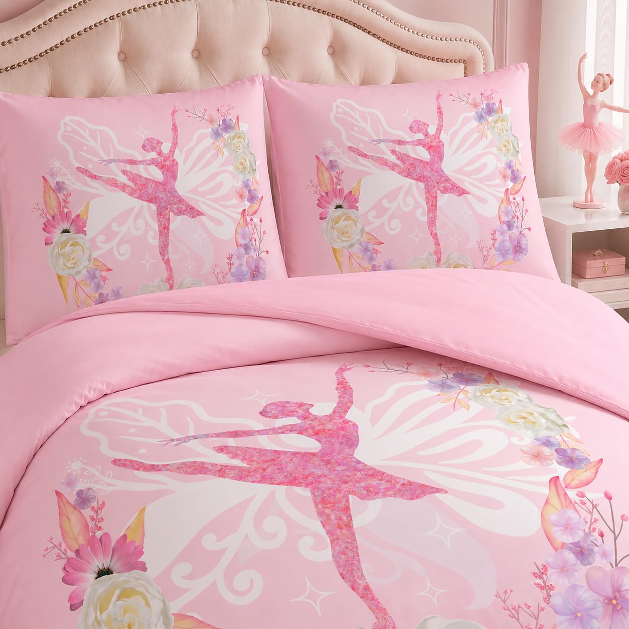 CCoutueChen Kids Comforter Set Twin Size for Girls, Pink Floral Ballerina Bedding