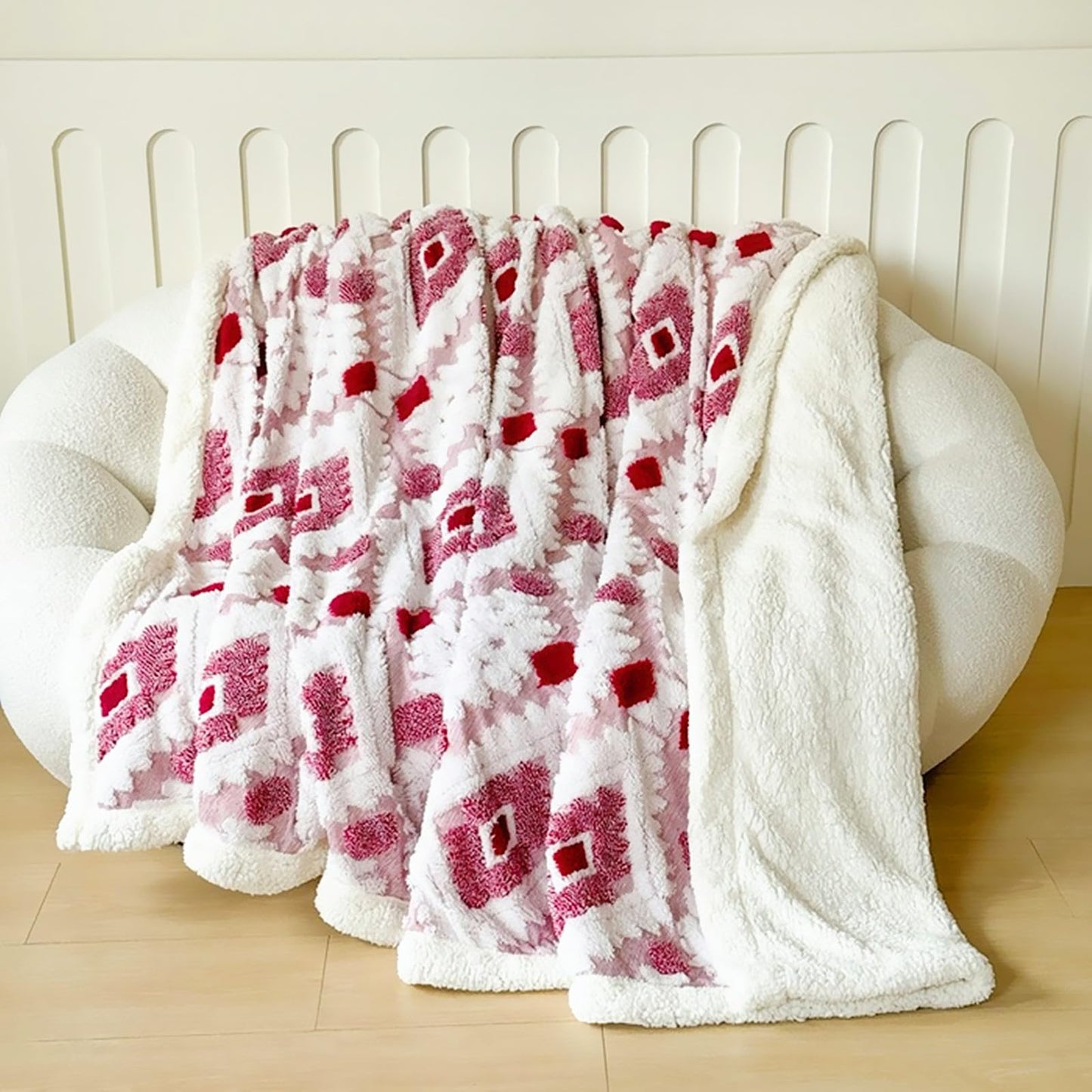 LEVINIS Boho Sherpa Fleece Blanket 80'' × 90'', Ultra Soft Aztec Queen Blankets for All Season, Cozy, Plush, Bohemian Throw Blanket for Bed/Couch/Sofa/Office/Camping, Rose Red
