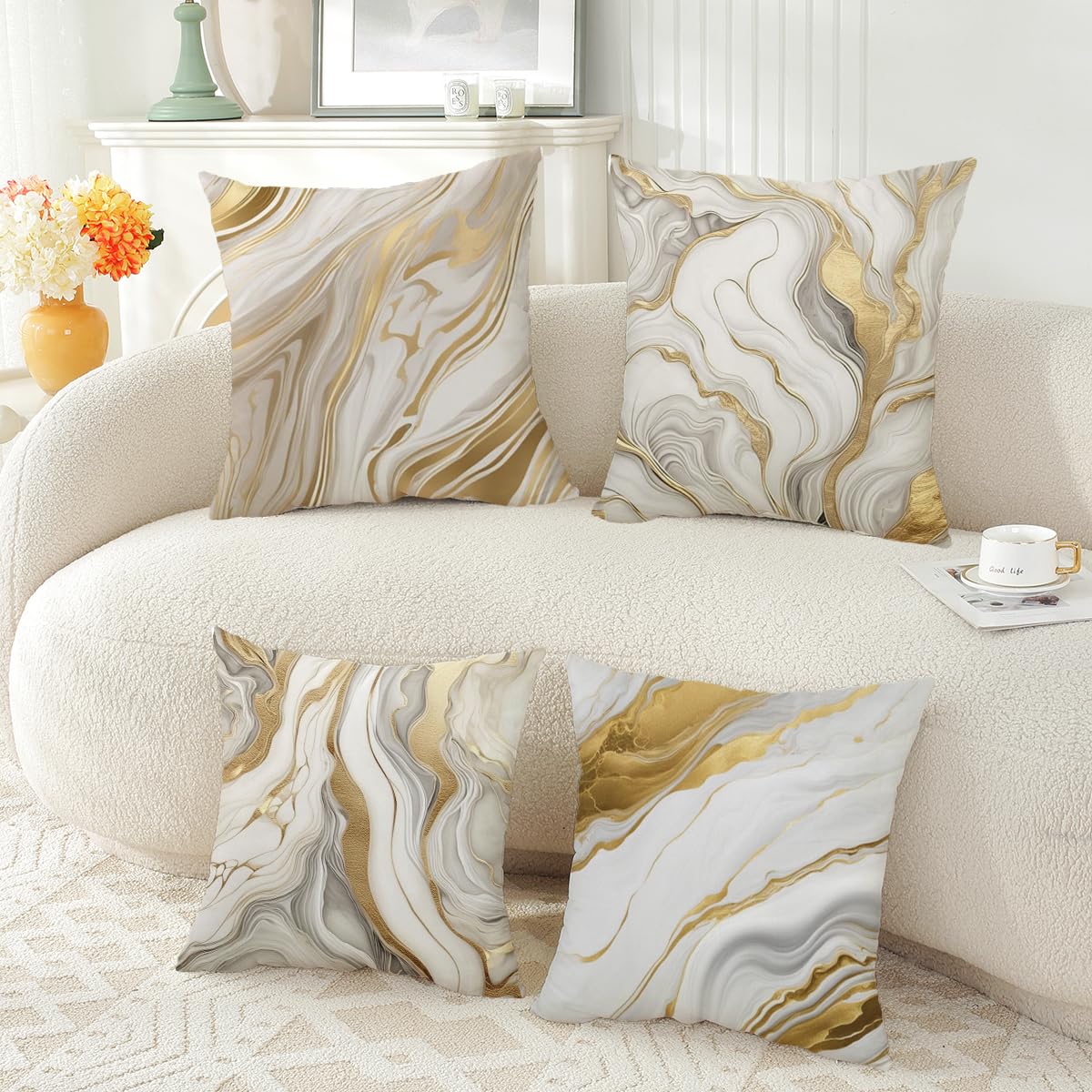 ZHLF Pack of 4,Gray Marble Throw Pillow Covers 18x18 Inch Two-Sided Grey Gold Abstract Art Modern Decorative Pillows Case Soft Cushion Covers for Couch Sofa Bed Home Living Room Décor