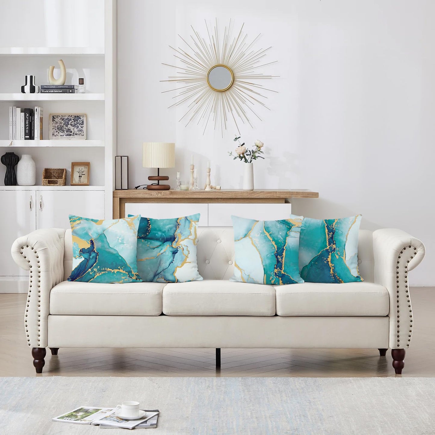 Bonhause Turquoise Marble Throw Pillow Covers 18x18 Inch Set of 4 Two-Sided Teal Gold Abstract Art Modern Decorative Pillows Case Soft Velvet Outdoor Cushion Covers for Couch Sofa Bed Home Decor