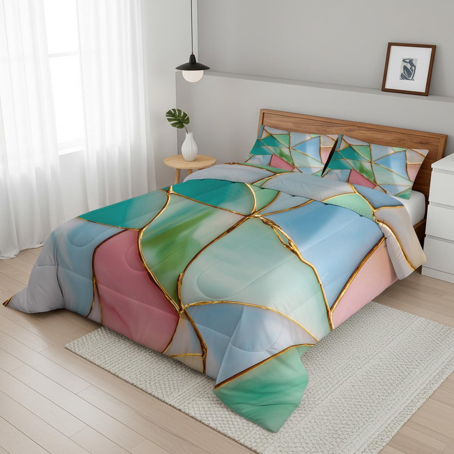 Flumoxa Stained Glass Comforter Set Full, Blue Green Marble Comforter Down Alternative All Season Bedding, Stained Glass Bed Sets Full Size with Pillowcase, Bedroom Decor