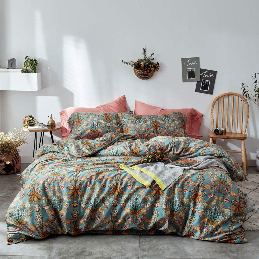 VM VOUGEMARKET Green Gold Duvet Cover Queen,Medallion Paisley Print Bedding Set 400 Thread Count Percale Cotton Vibrant Bohemian Pattern Quit Cover with Zipper Closure
