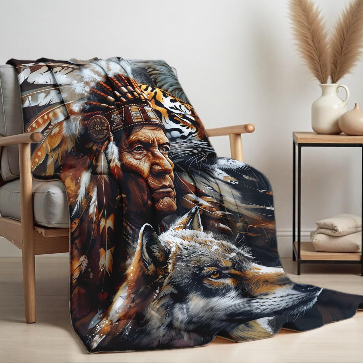 HUNXIAOJ Native American Flannel Blanket Indian Tribal Chief Print Blanket Throw for Couch Bed Soft Bedding Decor Native American Gifts for Boys Men Adults (49"x59")