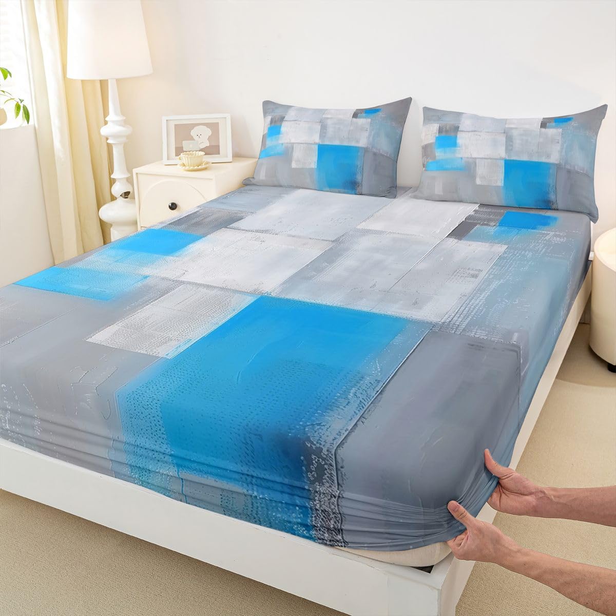 jejeloiu Abstract Fitted Sheet Full Size for Kids Boys Girls Blue Ombre Bed Sheets Set 16" Deep Pocket Soft Breathable Microfiber Modern Art Bedding with 2 Pillowcases Luxury Room Decor