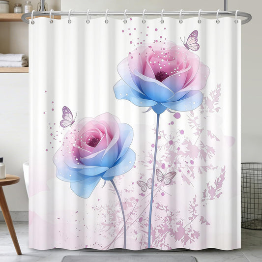 Xiazhilaio Watercolor Floral & Butterfly Shower Curtain 71x74 Inch – Pink Blue Roses Flower Shower Curtain for Nature Farmhouse Bathroom Decor, Waterproof Fabric Bath Curtain with Hooks