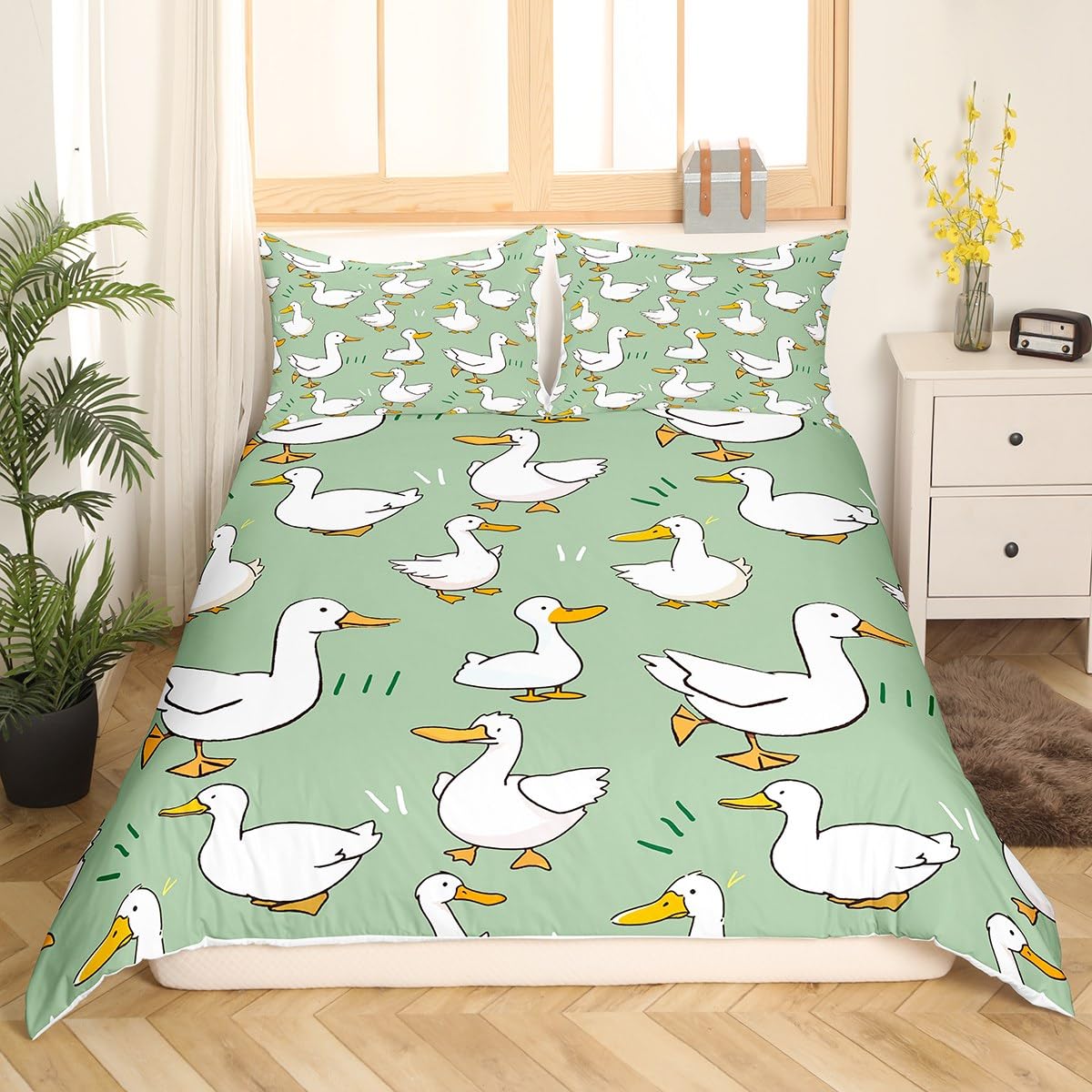 Cartoon Duck Duvet Cover Set Full Size,Cute Farmhouse Livestock Animal Comforter Cover with 2 Pillowcases,Lovely Green Natural Themed Bedding Set for Girls Teens Present, Soft Microfiber