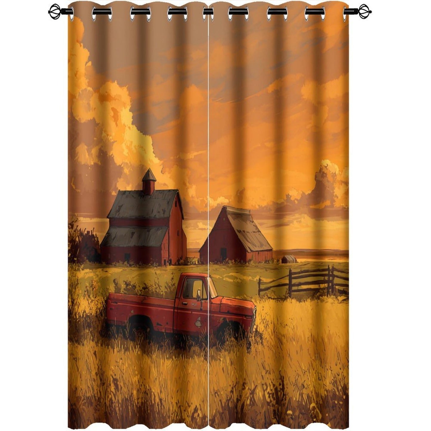 NAQSKQF Farmhouse Red Truck Barn Sunset Blackout Curtains, Grommet Thermal Insulated Window Drapes, Vintage Wheat Cloud Fence Print for Bedroom Living Room, 21W x 45L Per Panel, Set of 2 Panels
