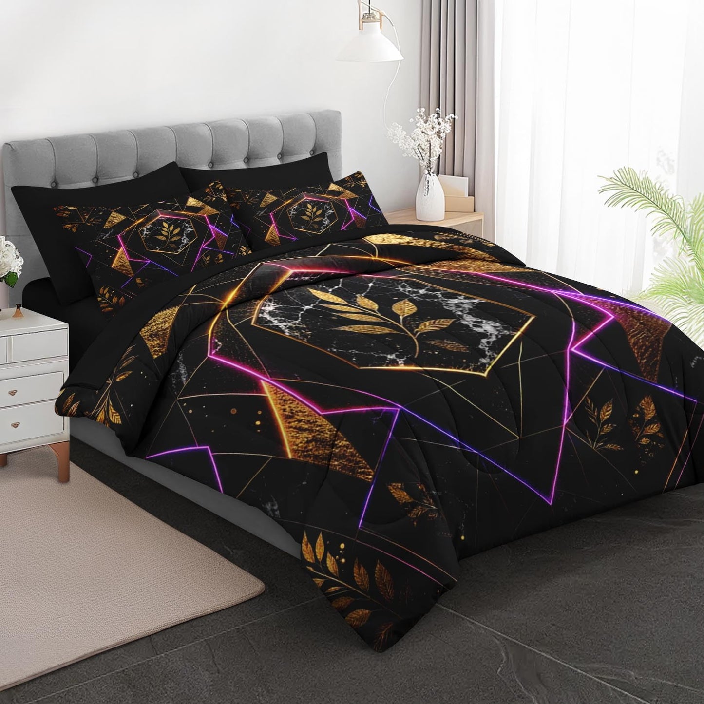 Boewywh Comforter Set Twin Size Marble Geometric Gold 7 Pcs, Bedding for Kids and Adults, Leaf Abstract Bed Sheet Sets with Fitted Sheet 2 Pillowcases & 2 Shams for Bedroom Bed Decor