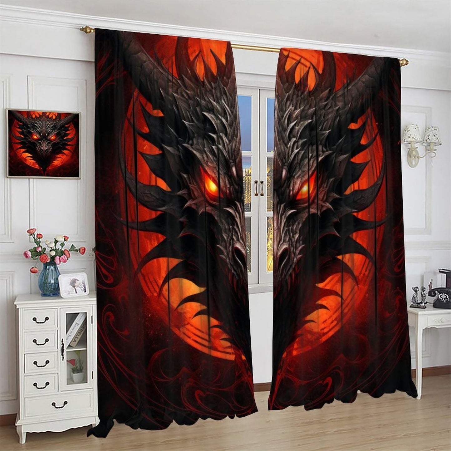 wlsgdsg Dragon Curtains, Mystic Magic Vicious Red Blood Moon Adventure Treasure Dragon Eyes Windows Treatments, Thermal Insulated Drapes for Kids Boys Girls Living Room Bedroom 42x45in (No Blackout)