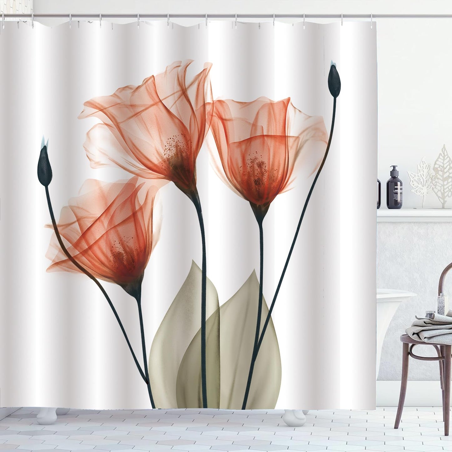 ZCHOMI Orange Floral Shower Curtain Watercolor Tulip Flower Shower Curtains for Bathroom Waterproof Polyester Fabric Bathroom Curtain 72 x 72 Inch with 12 Hooks