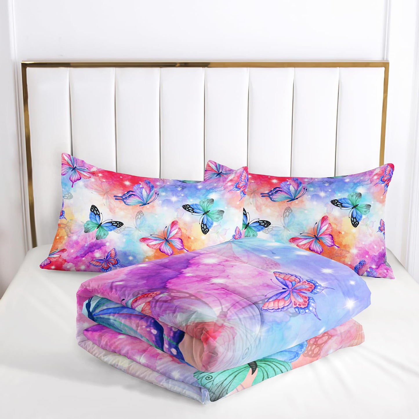 Nttopship Rainbow Butterfly Comforter Sets - Twin Size, Cute Kids Bedding Sets with Galaxy Butterfly Pattern, All Season Comforter and 2 Pillowcases