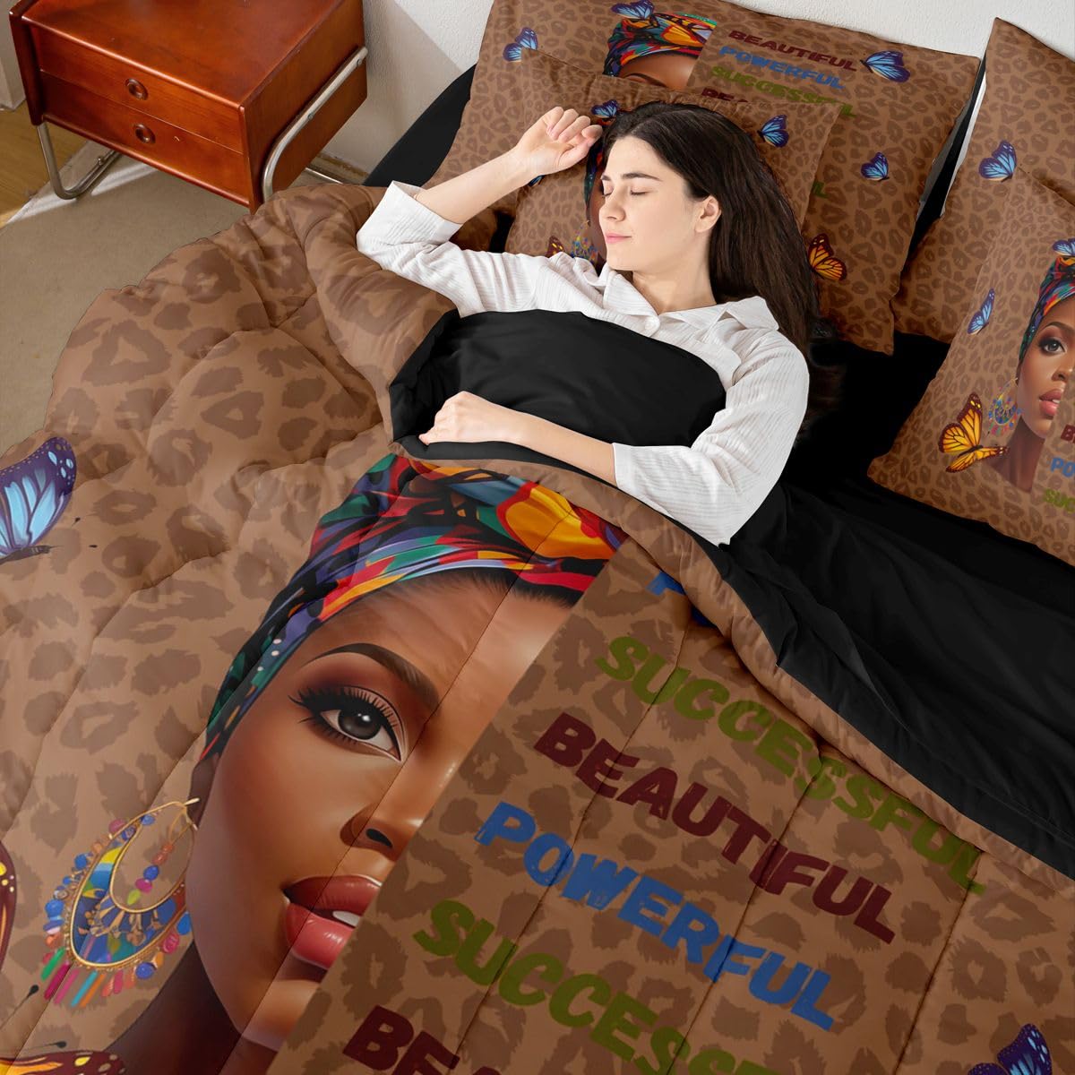 Erosebridal Cute Black Girls Queen Bedding Set Stylish Leopard Print Comforter Set with Flat and Fitted Sheet Teen Colorful Headwrap 7-Piece Bed in a Bag Women Empowering Words Butterfly Quilt Sets