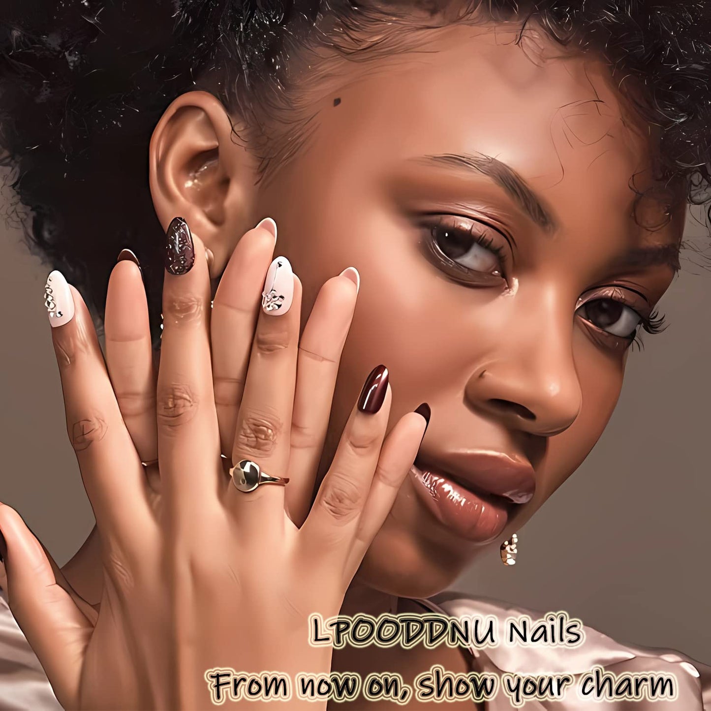 LPOODDNU French Tip Press on Nails Almond Fake Nails Medium False Nails with Gold Tips Design Glue on Nails Glossy Pink Acrylic Nails Press ons Full Cover Stick on Nails for Women Manicure 24Pcs
