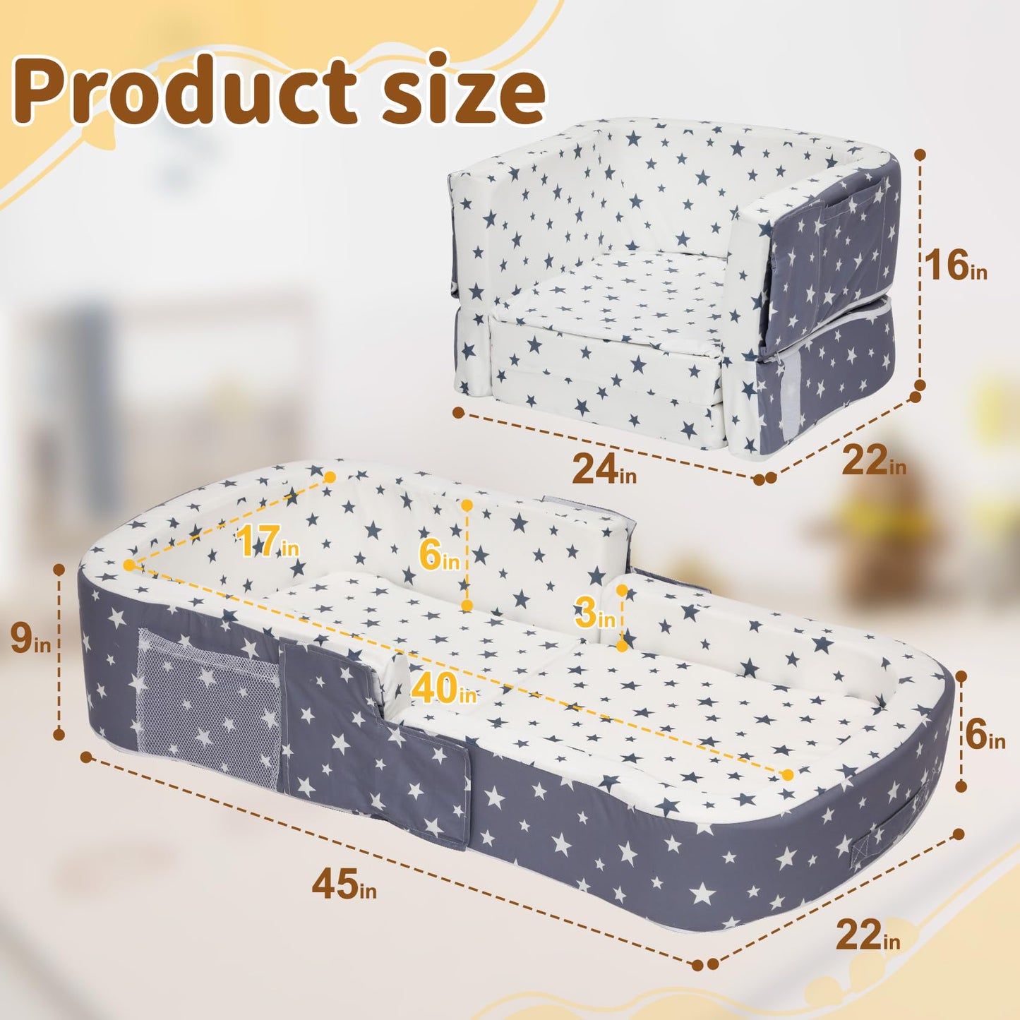 Toddler Travel Bed, 2-in-1 Portable Toddler Bed Sofa Chair Convertible Travel Crib with Storage Pockets, Foldable Portable Toddler Bed Sofa Chair Velvet Washable Covers for Kids Camping Hotel Sleeping