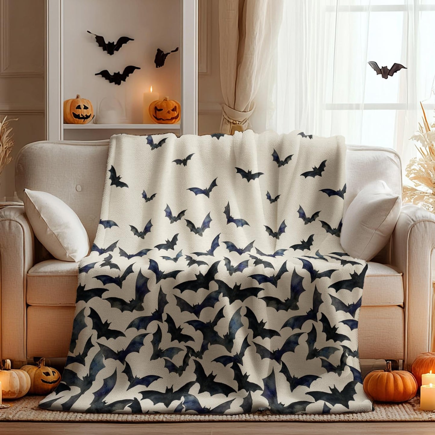 Horaldaily Halloween Flannel Blanket Throw, Bats Beige Soft Fuzzy Plush Cozy Fleece Blankets for Couch Sofa Bed Lounging, Ideal Gifts for Kids Adults Wife Self, 60x80