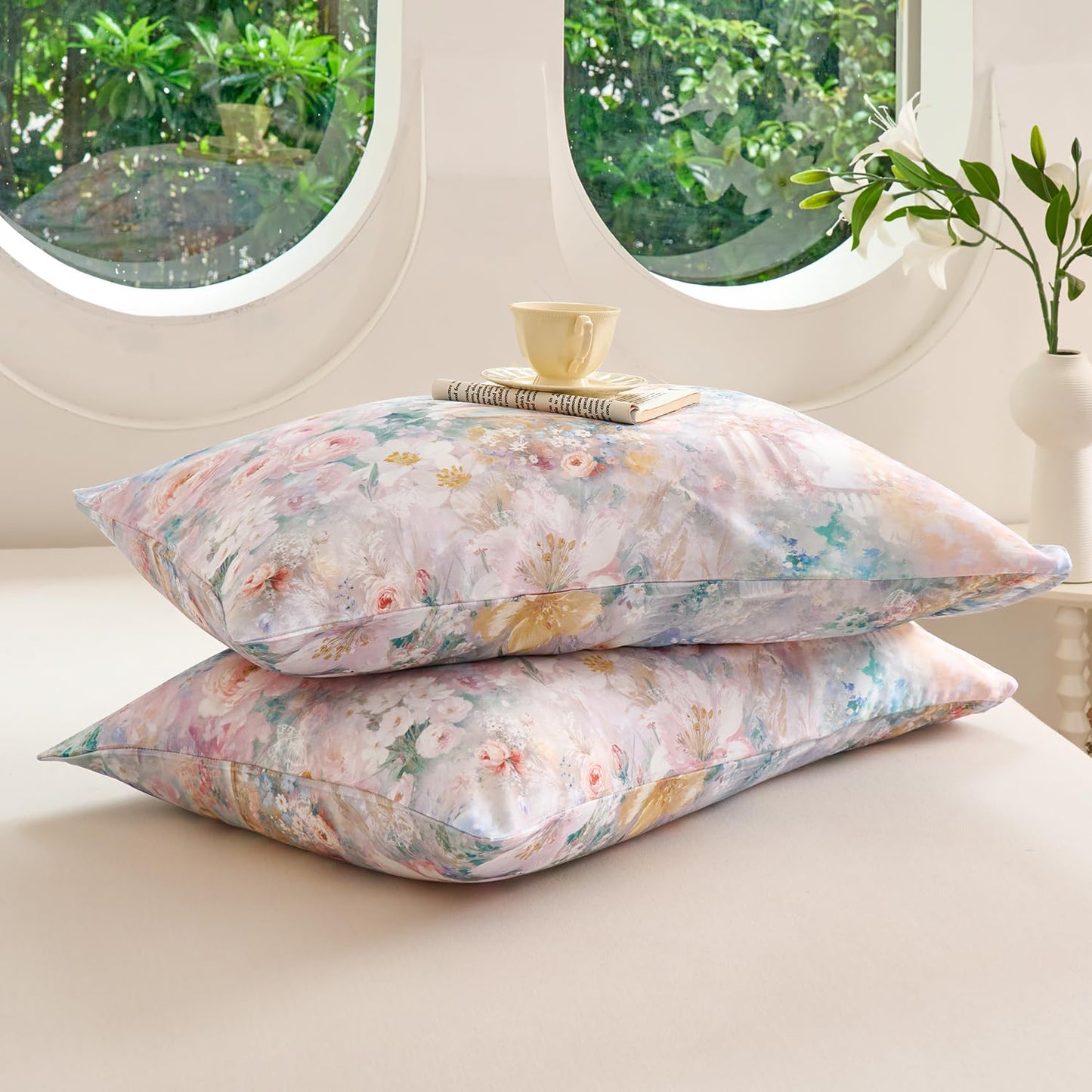 Zusbest Floral Duvet Cover King 100% Cotton, Double Brushed for Extra Soft, Luxury Pink Rose French Country Bedding Shabby-Chic Lily Comforter Cover with Zipper, Soft Breathable, 3Pc-Not Comforter