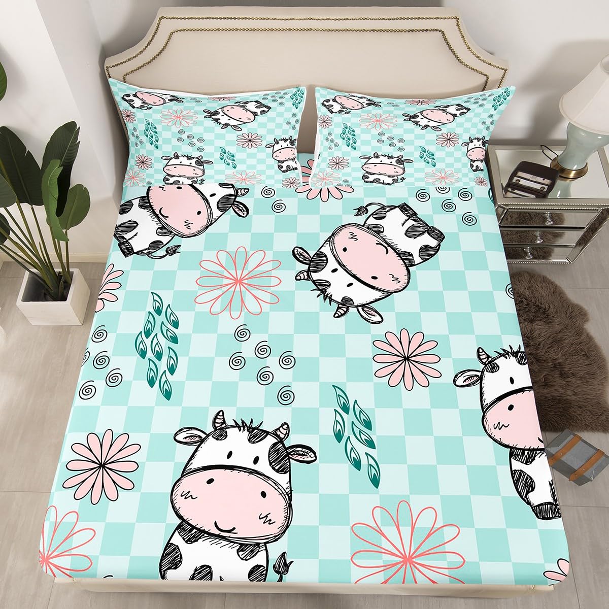 Erosebridal Kids Cartoon Cow Bedding Set Full Size Lovely Animal Fitted Sheet for Boys Girls, Child Cute Pet Bed Sheet Set Abstract Flowers Flat Sheet Quilt Set Buffalo Checked Backdrop Bedroom Decor