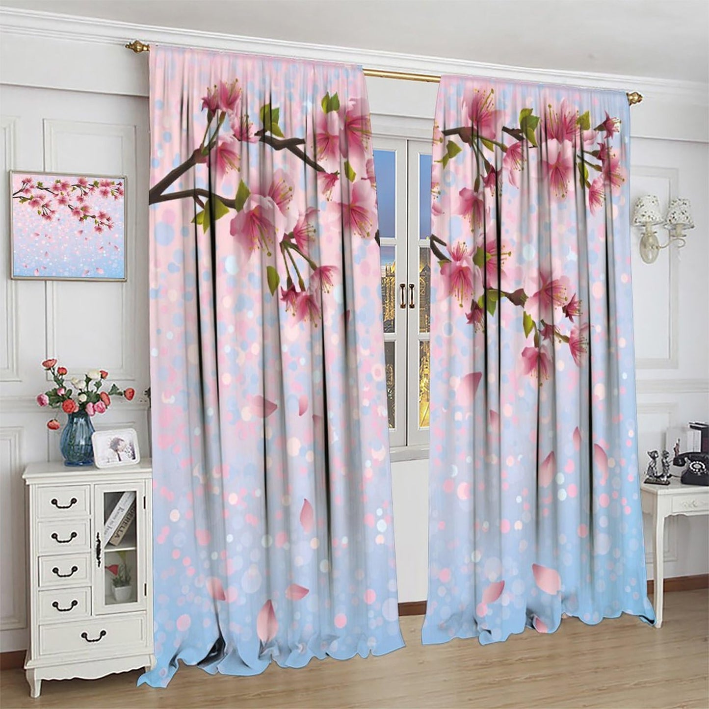 Mchenxin Colorful Spring Flower Curtains for Kitchen, Japanese Cherry Branch Falling Petals Print Window Drapes Curtains for Bedroom Bathroom Cafe, 42x45in (No Blackout)
