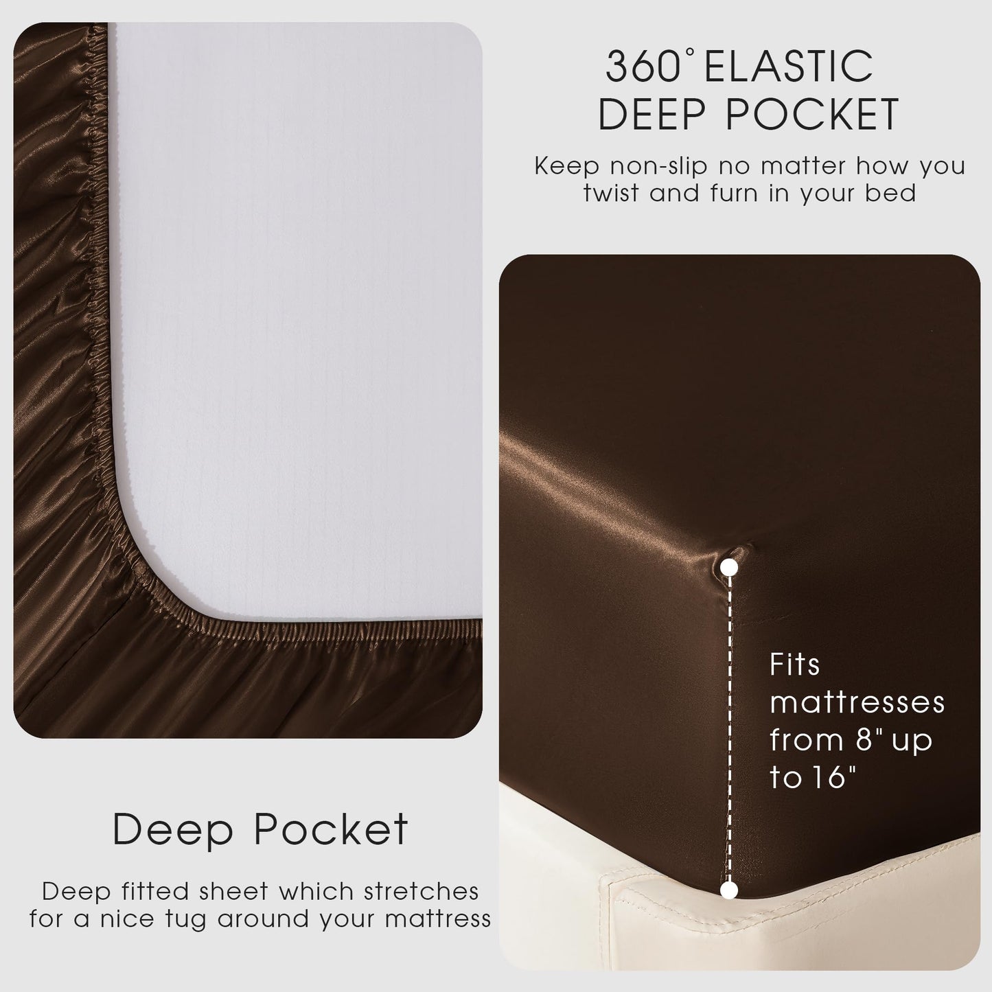 FreshCulture Satin Sheets Full Size - 4 Piece Luxury Soft Silky Full Size Bed Sheets, Similar to Silk Bed Sheet Set with 1 Deep Pocket Fitted Sheet, 1 Flat Sheet & 2 Pillowcases (Brown)