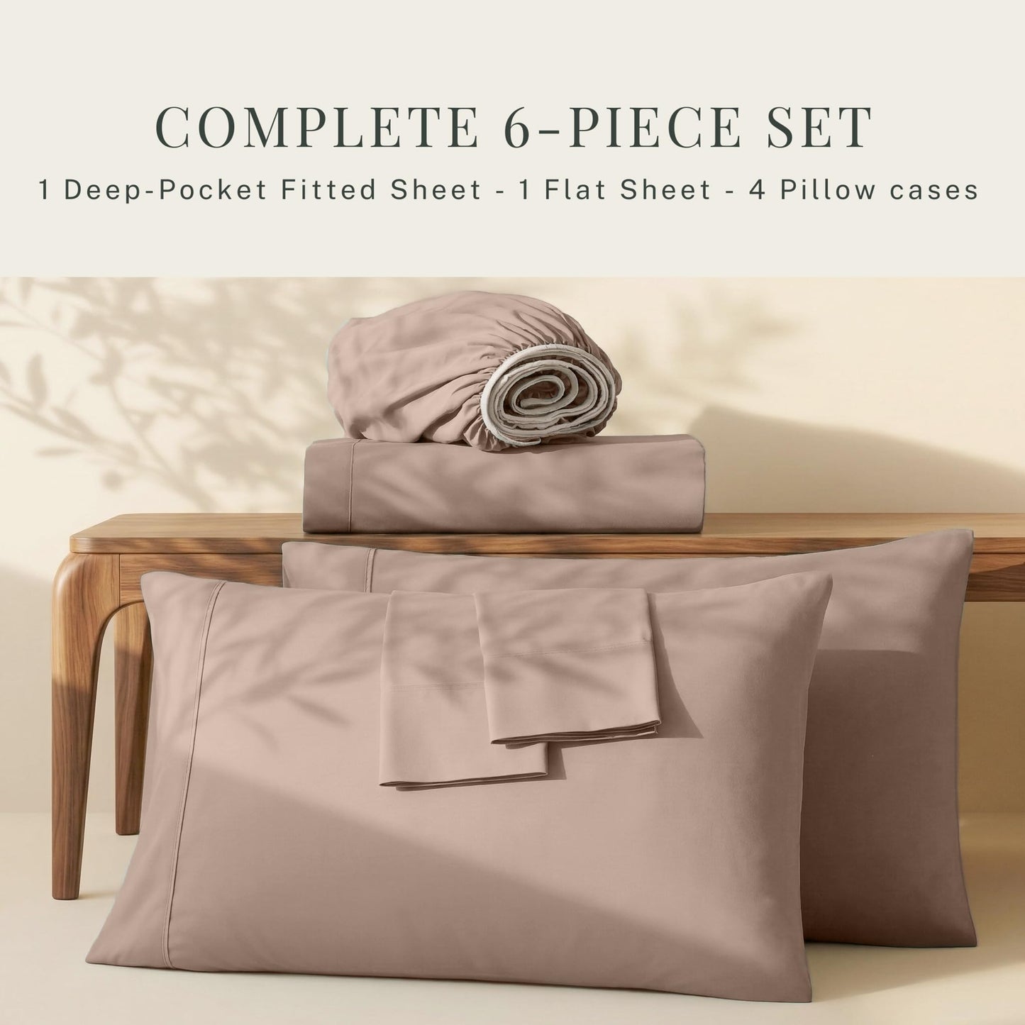 Hearth & Harbor Extra Deep Pocket Queen Sheets Sets - Fits Mattress 18-24 Inches Deep - Extra Deep Pocket Sheets - 6 Piece Queen Size - Taupe