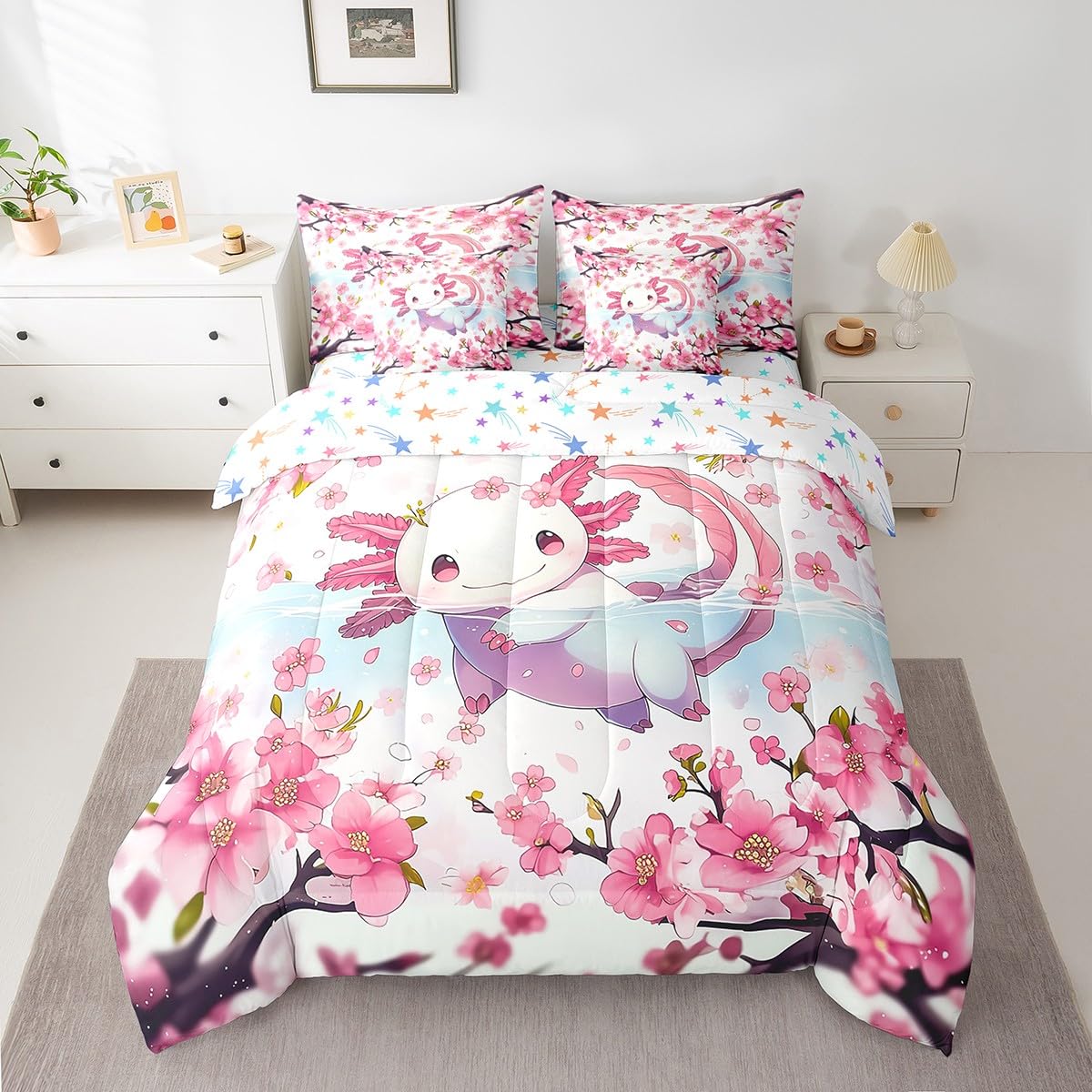Feelyou Boys Girls Cute Axolotl 7 Pieces Bedding Sets Twin Size, Cartoon Salamander Bed in A Bag Ocean Sealife Comforter Set with Sheets Kids Kawaii Teens Bed Set Bedroom Decor