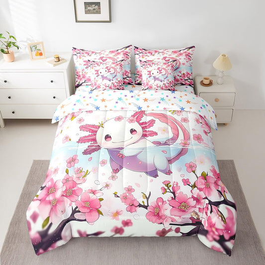 Feelyou Boys Girls Cute Axolotl 7 Pieces Bedding Sets Twin Size, Cartoon Salamander Bed in A Bag Ocean Sealife Comforter Set with Sheets Kids Kawaii Teens Bed Set Bedroom Decor