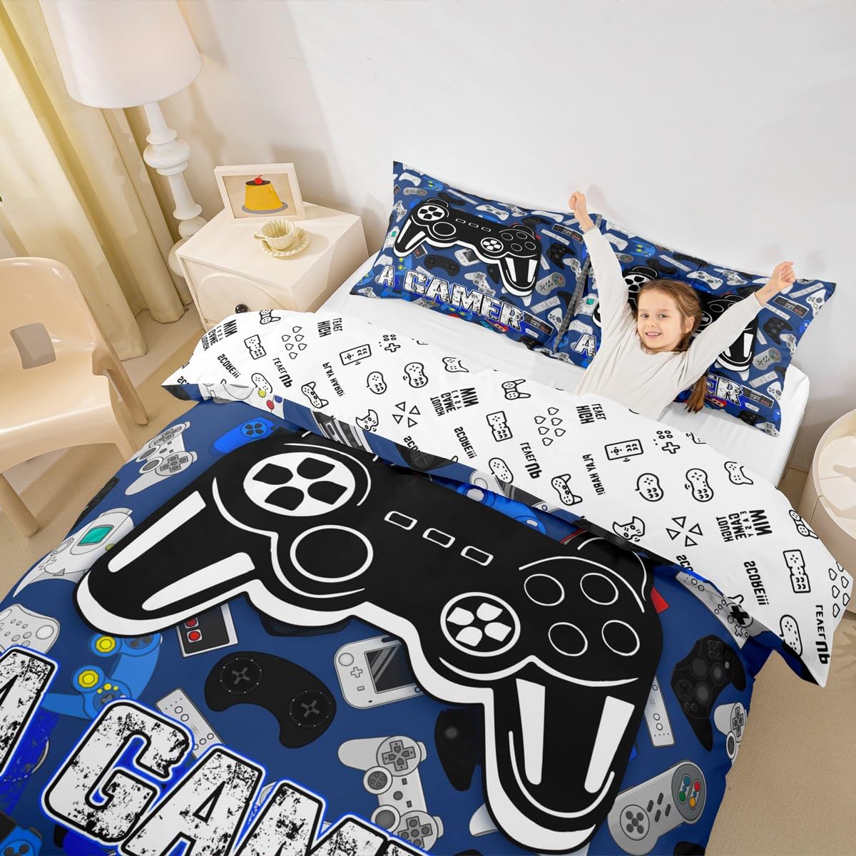 Homewish Cartoon Gamepad Bedding Set King Size,Video Games Duvet Cover Set 3Pcs for Kids Teens Boys Girls Room Decor,Navy Blue Gaming Board Comforter Cover Modern Fashion Quilt Cover,2 Pillowcases