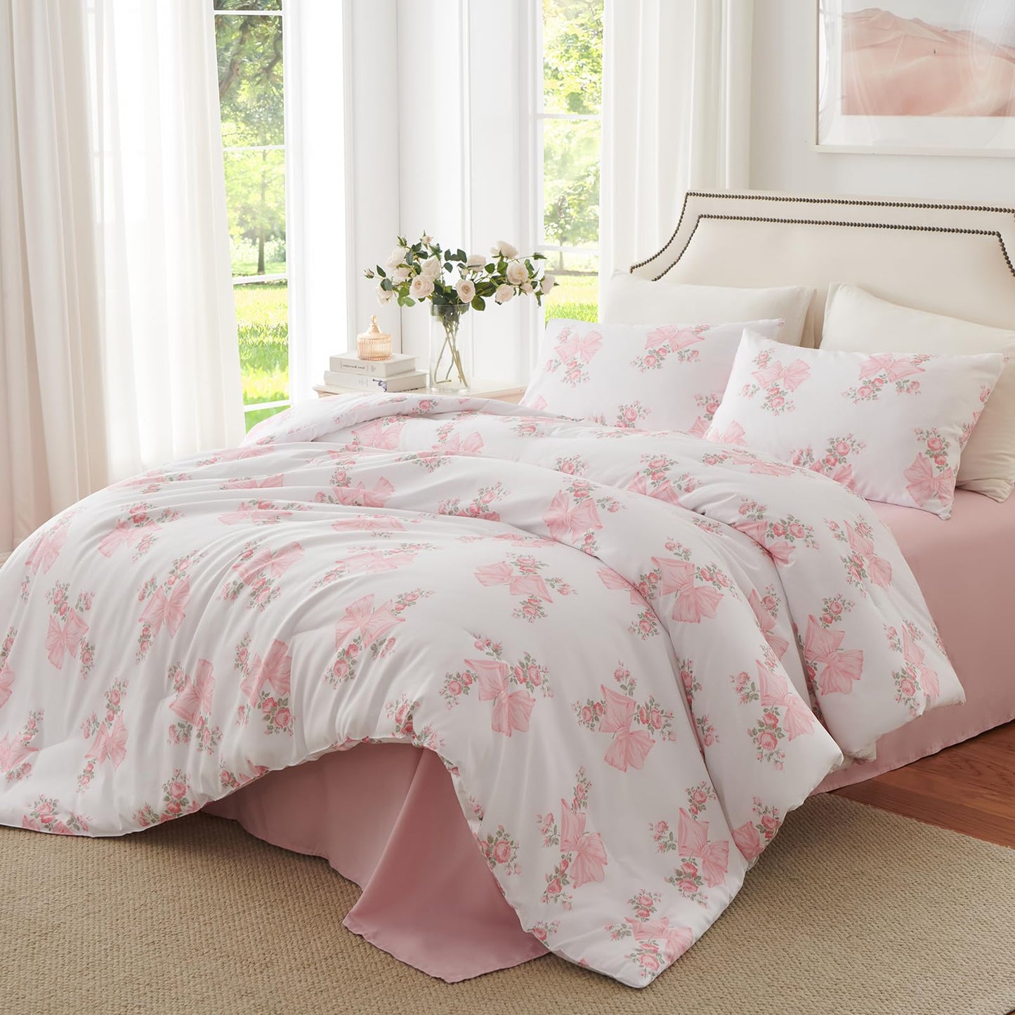 Nayoroom Pink Bow Comforter Set Queen Size Pink Floral Bed Comforter for Girls 3 Pieces Soft Lightweight Kids Cute Coquette Bedding Set for All Seasons