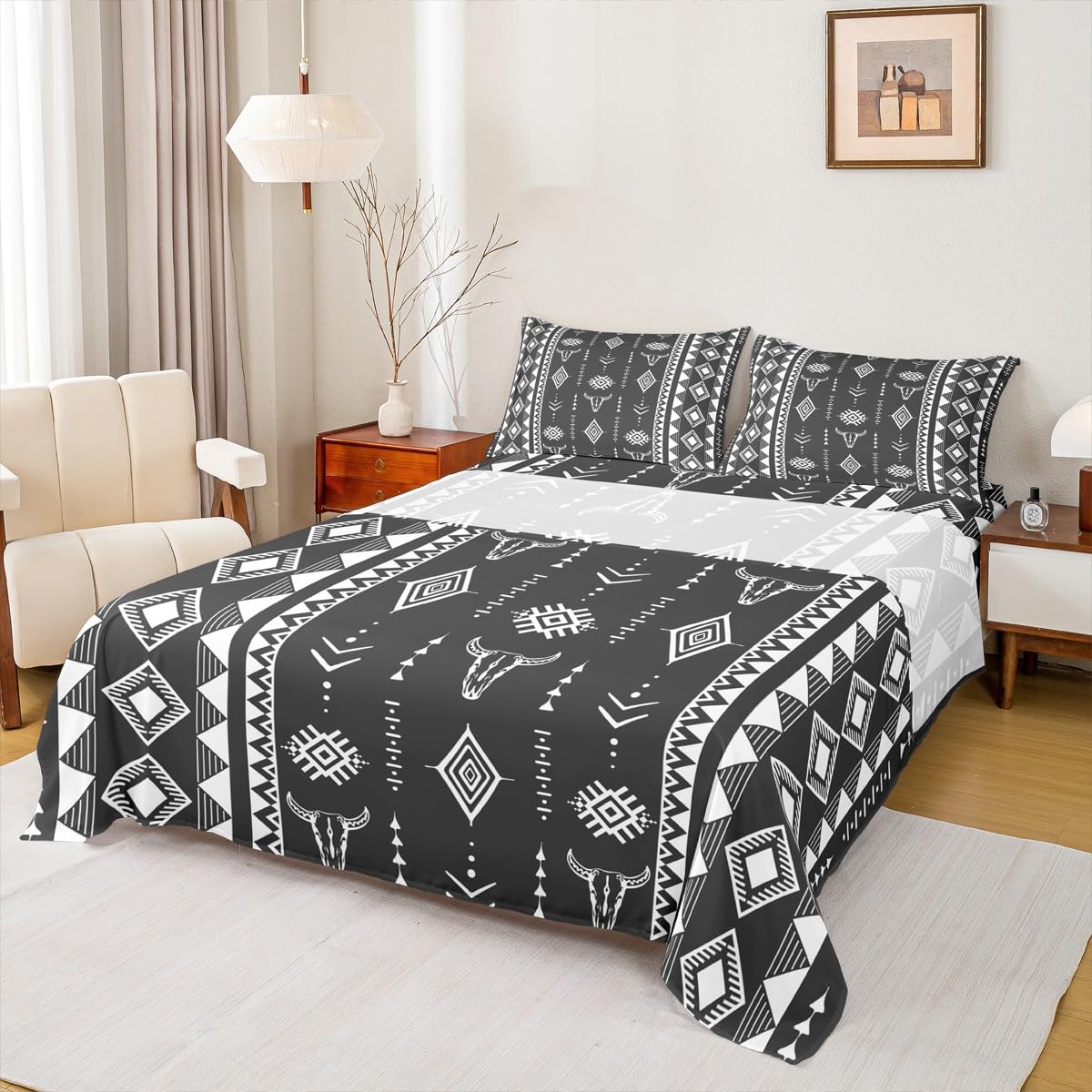 Erosebridal Bull Skull Bed Sheets Set Full Size, Western Aztec Boho Flat Fitted Sheet for Girls Boys Women Men Home Decor, Southwestern Cowboy Bedding Set, Ethnic Horns Bed Sets