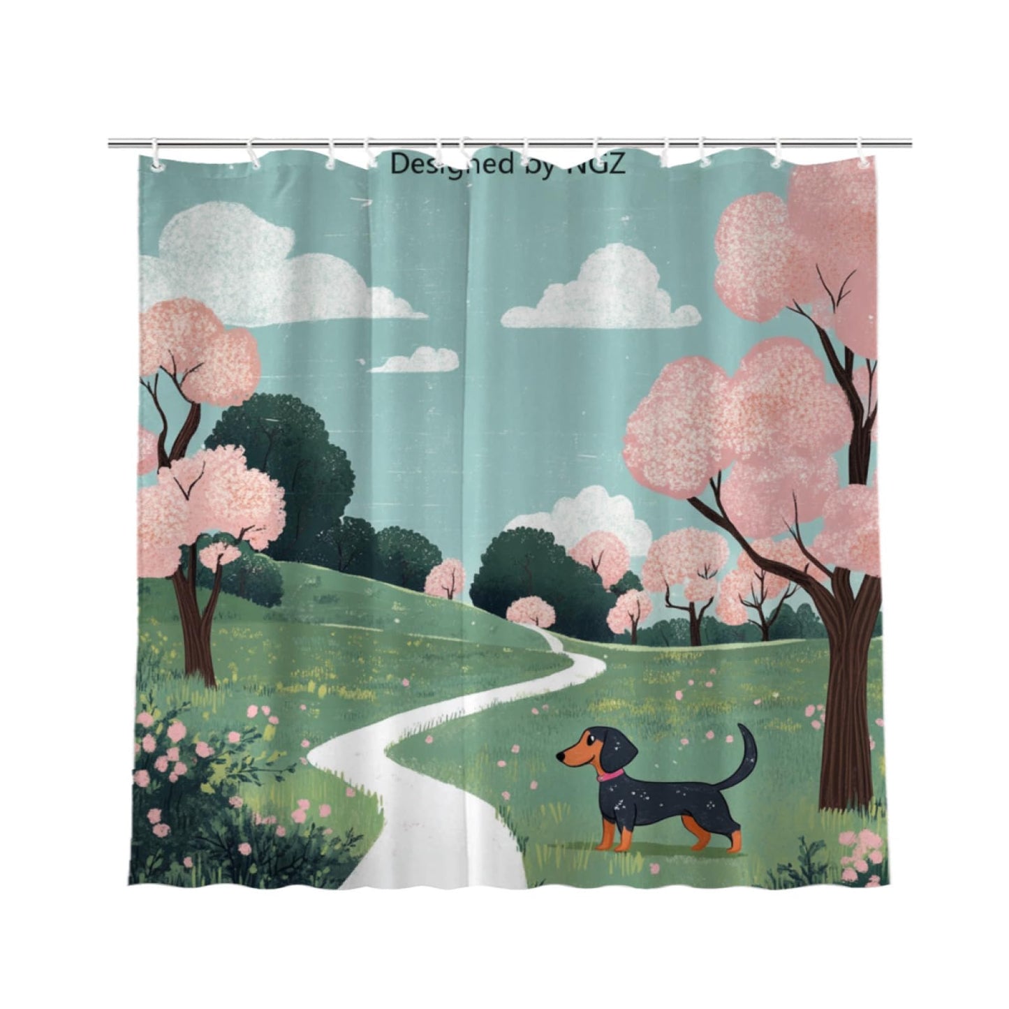NGZ Spring Dachshund Shower Curatin Floral, 72 x 72 Inches, Spring Floral Shower Curtain Set with 12 Hooks for Bathroom Decor