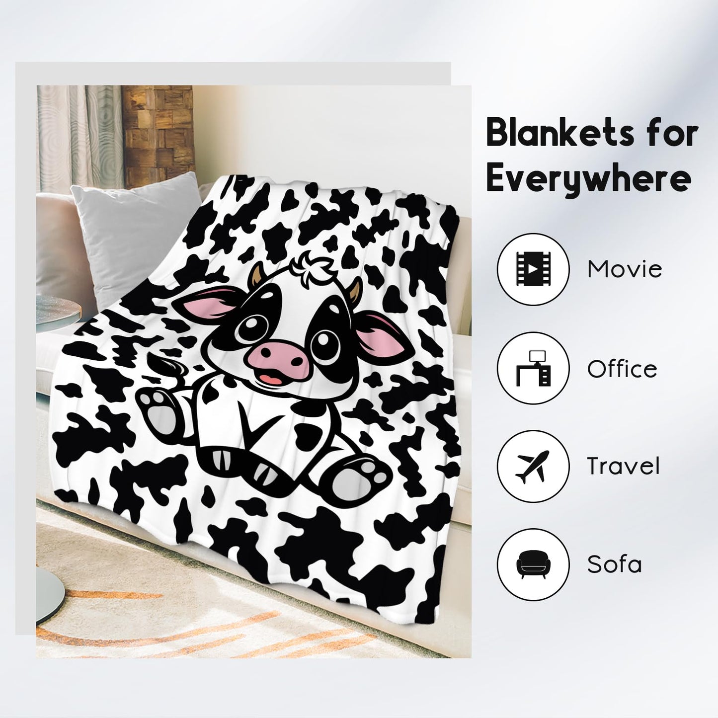 Cow Blanket, Cozy Soft Throw Gifts for Kids, Cute White Flannel Throw Blankets for Couch Office, 30x40 Inches