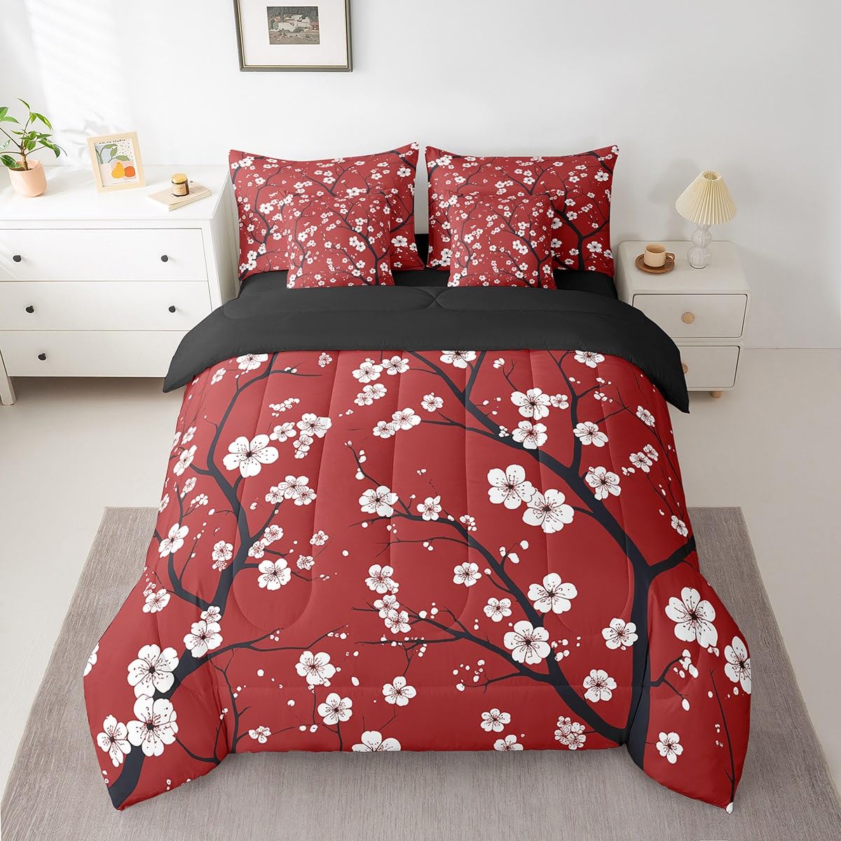 Erosebridal Cherry Blossom Full Size Bed Sheets and Comforter Set,Japanese Style Flowers 7 Piece Bedding Set Boho Floral Bed in a Bag,Retro Tree Branches Farmhouse Decor Bed Sets