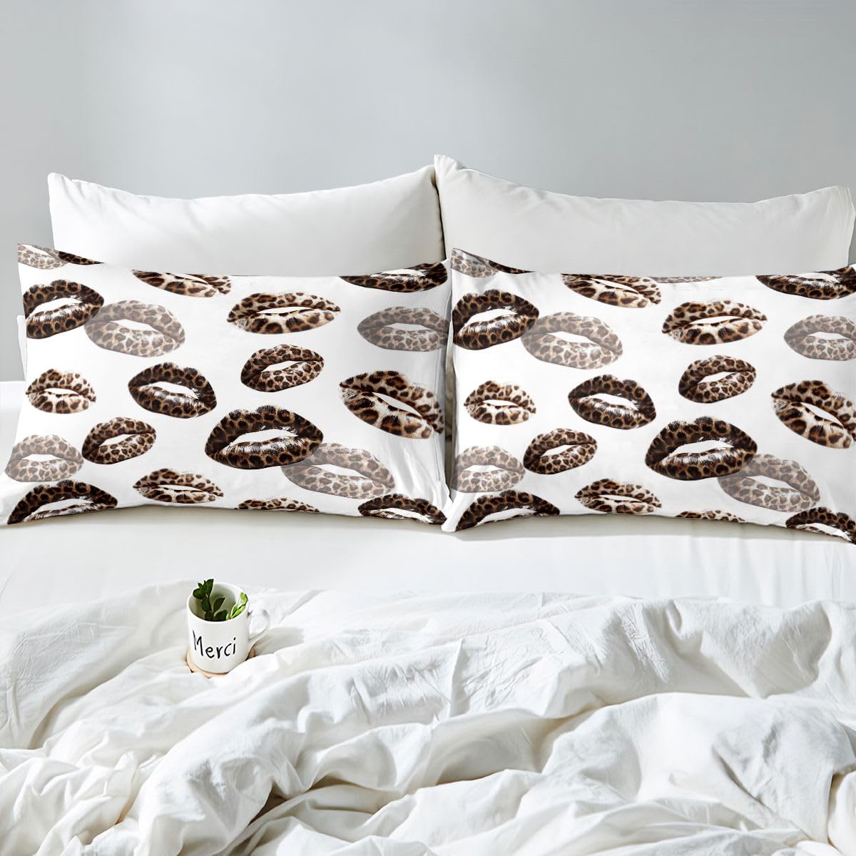 Feelyou Leopard Print Lips Duvet Cover King Size Romantic Kissing Lips Comforter Cover for Boys Girls Cheetah Print Bedding Set 3Pcs Room Decor