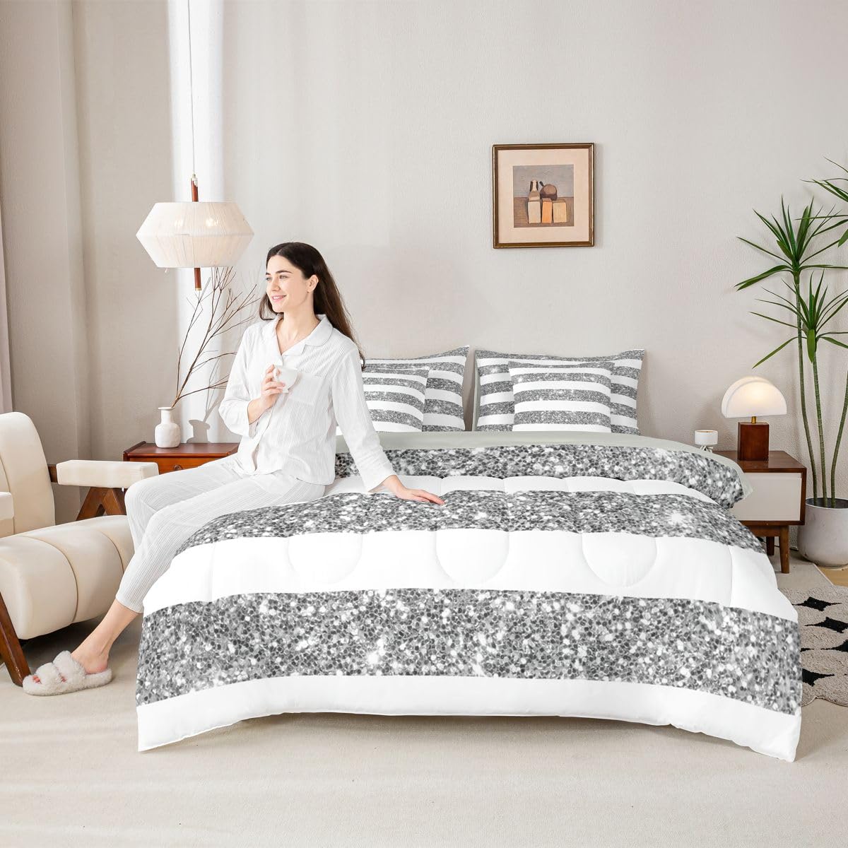 Feelyou Golden Stars Glitter Comforter Set Full Size 7 Pieces Diamond White and Grey Bedding Set for Kids Boys Girls Bling Partyations Bed in a Bag with Comforter, Sheets, Pillowcases, Covers